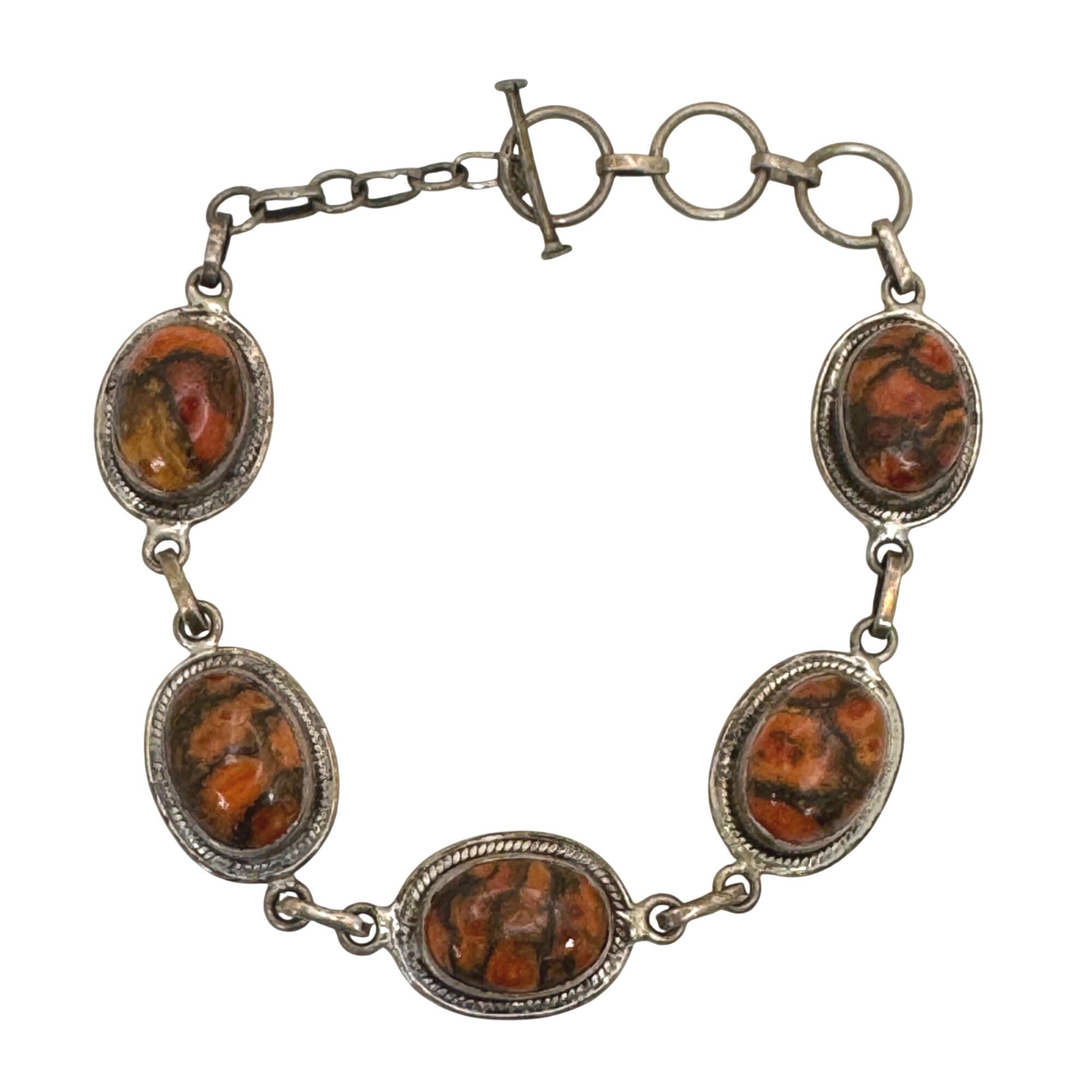 Vintage Silver Orange Bumblebee Jasper Cabochon Bracelet Toggle Clasp Southwest