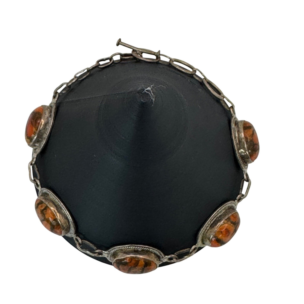 Vintage Silver Orange Bumblebee Jasper Cabochon Bracelet Toggle Clasp Southwest