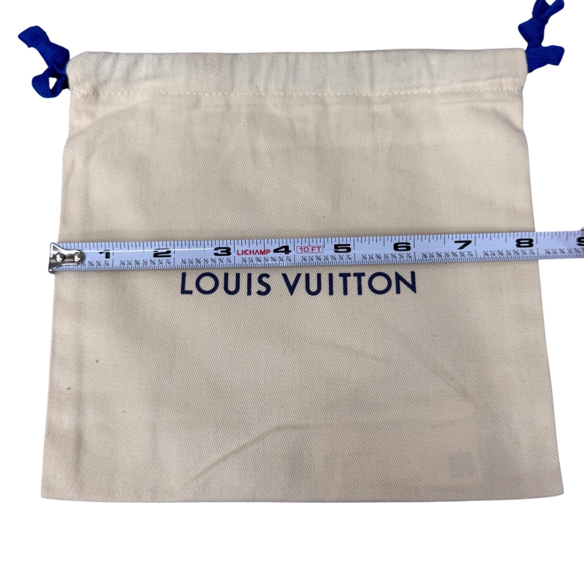 Authentic 8x8 Louis Vuitton Beige Drawstring Dust Bag Storage Blue Ties 8” X 8”