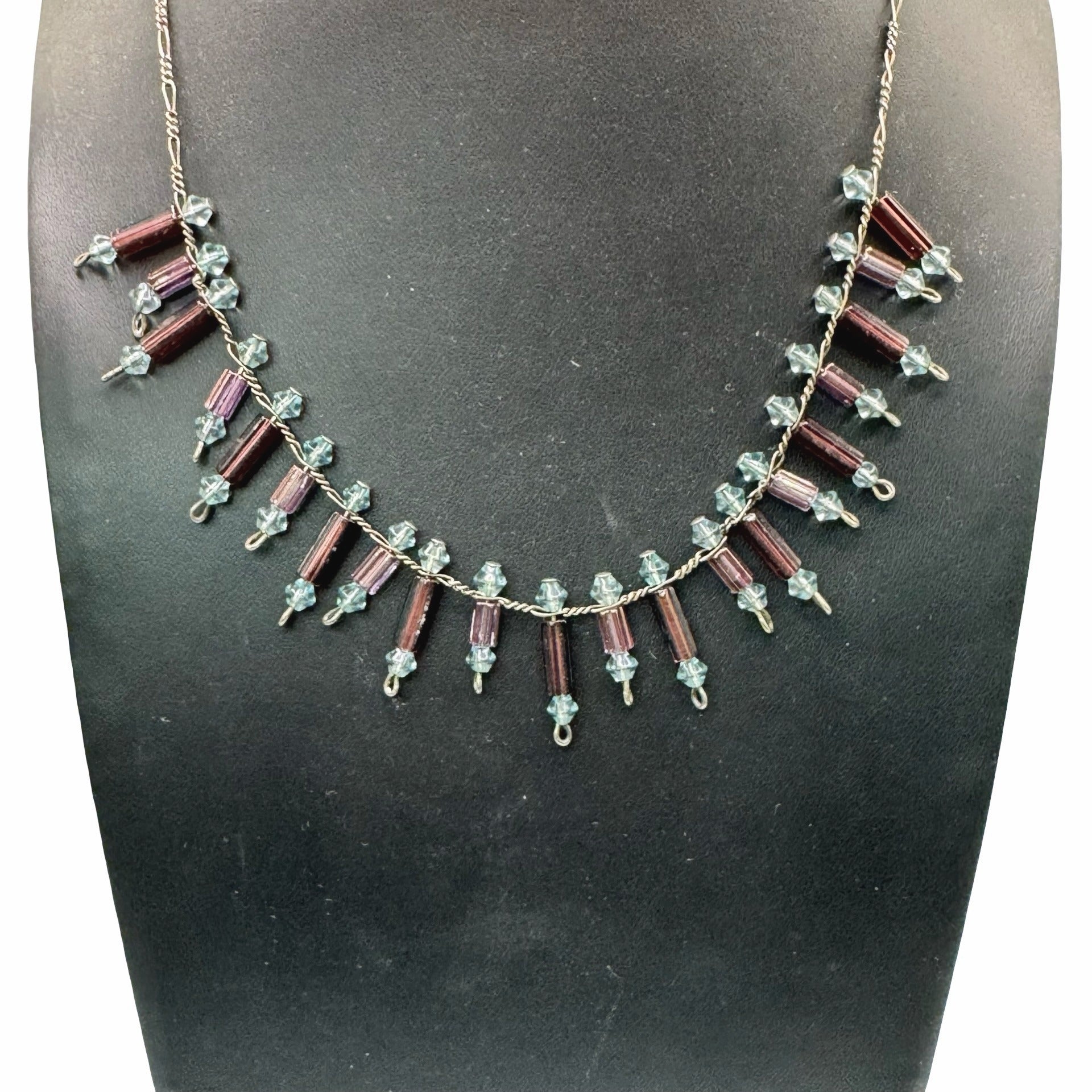Vintage Art Deco Beaded Necklace Blue Purple Amethyst Glass Beads 16" Victorian