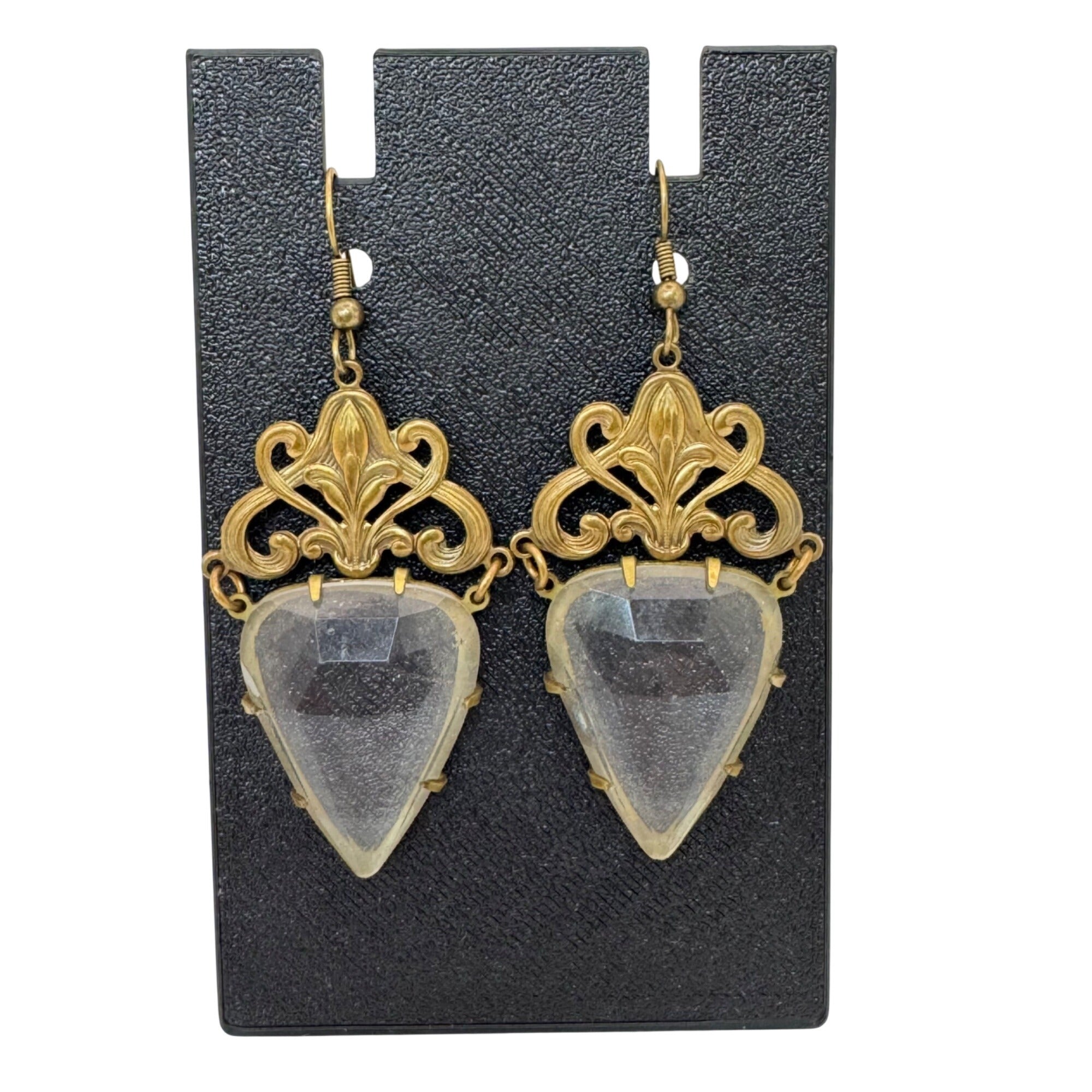 Vintage GWS Glass Works Studios Brass Teardrop Dangle Earrings Ornate Scroll