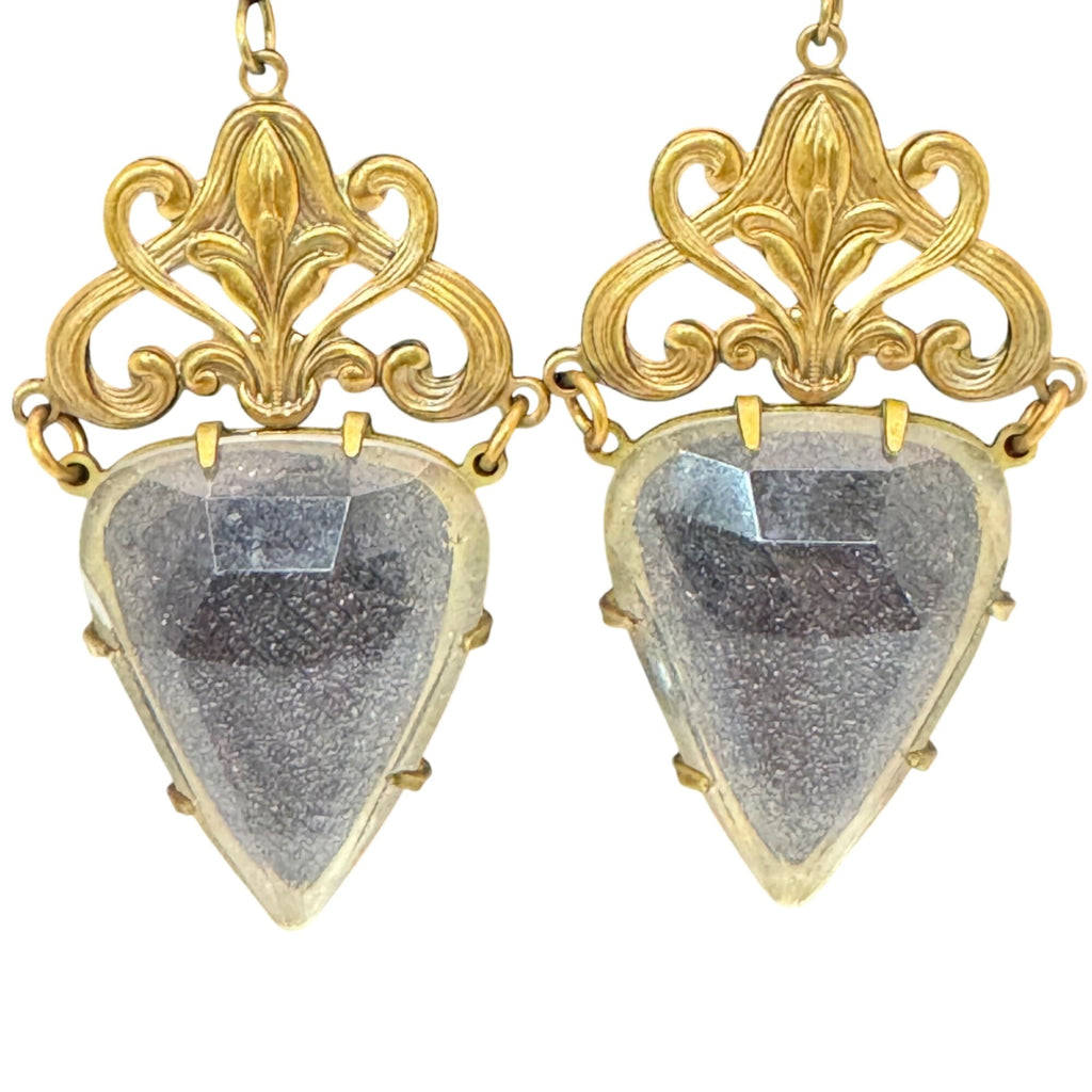 Vintage GWS Glass Works Studios Brass Teardrop Dangle Earrings Ornate Scroll