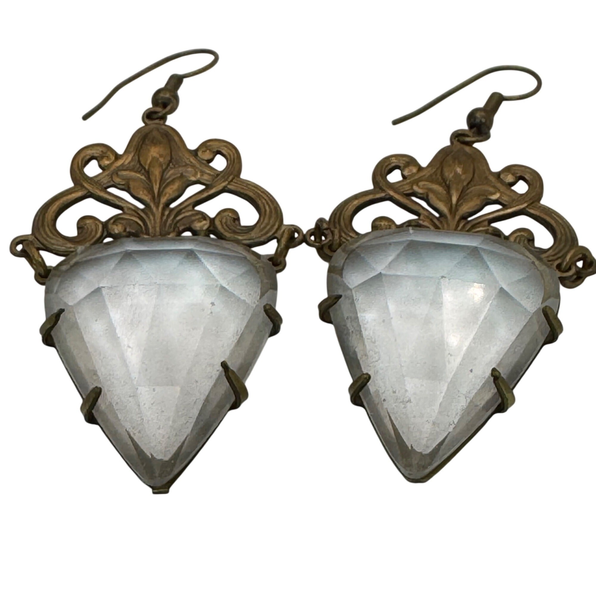 Vintage GWS Glass Works Studios Brass Teardrop Dangle Earrings Ornate Scroll