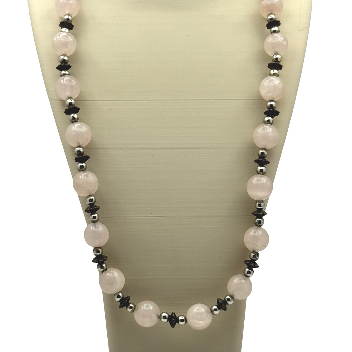 14k White Gold Rose Quartz & Hematite Beaded Necklace 32" Ornate Clasp Vintage
