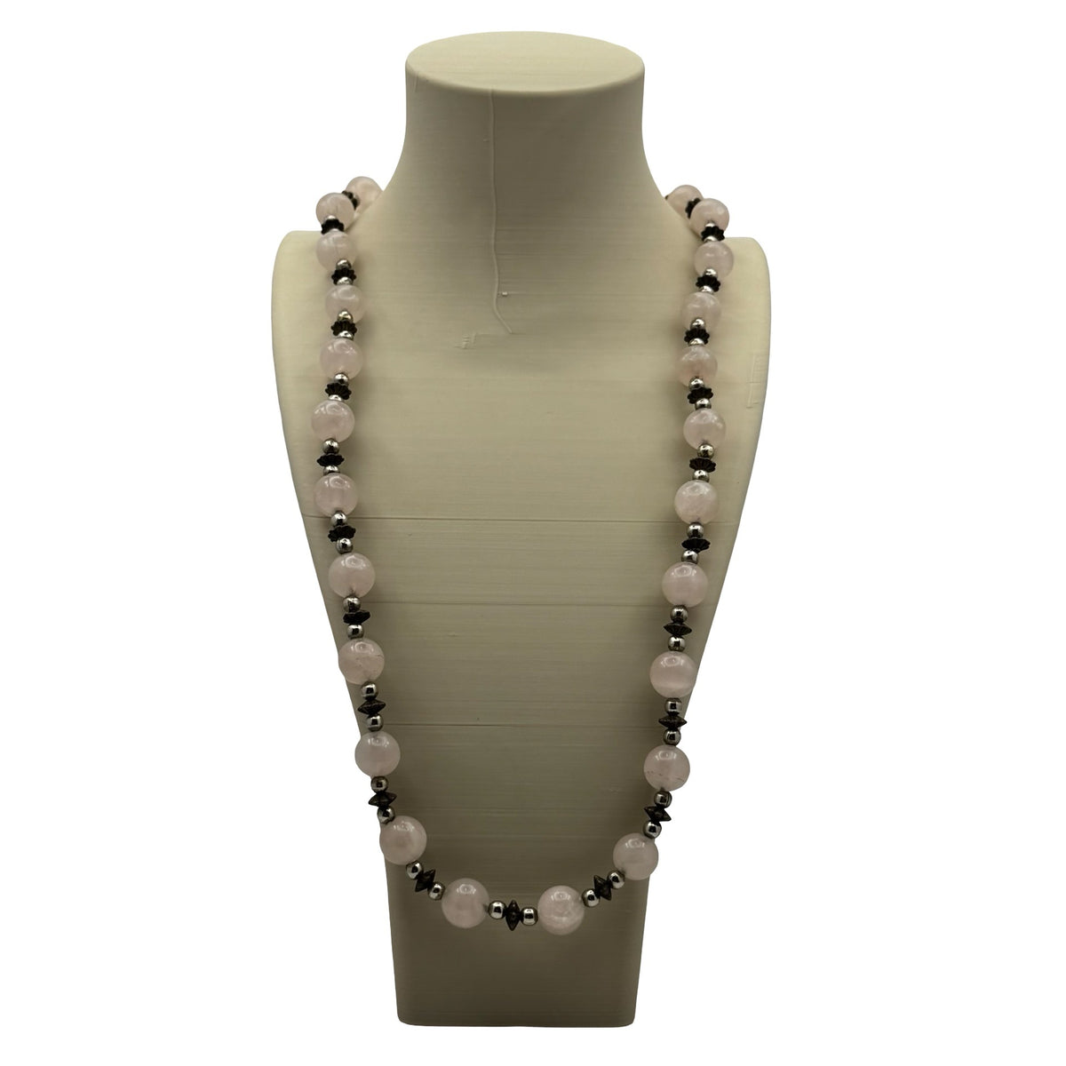 14k White Gold Rose Quartz & Hematite Beaded Necklace 32" Ornate Clasp Vintage