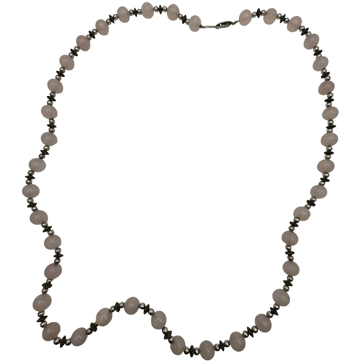 14k White Gold Rose Quartz & Hematite Beaded Necklace 32" Ornate Clasp Vintage