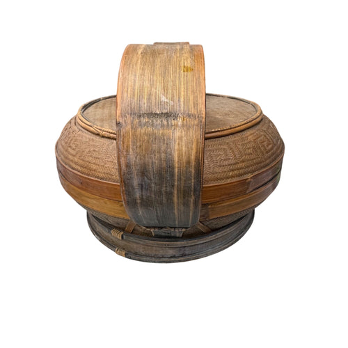 Antique Handwoven Asian Basket Bent Wide Handle Lid Bamboo Wood Wedding Food 19"