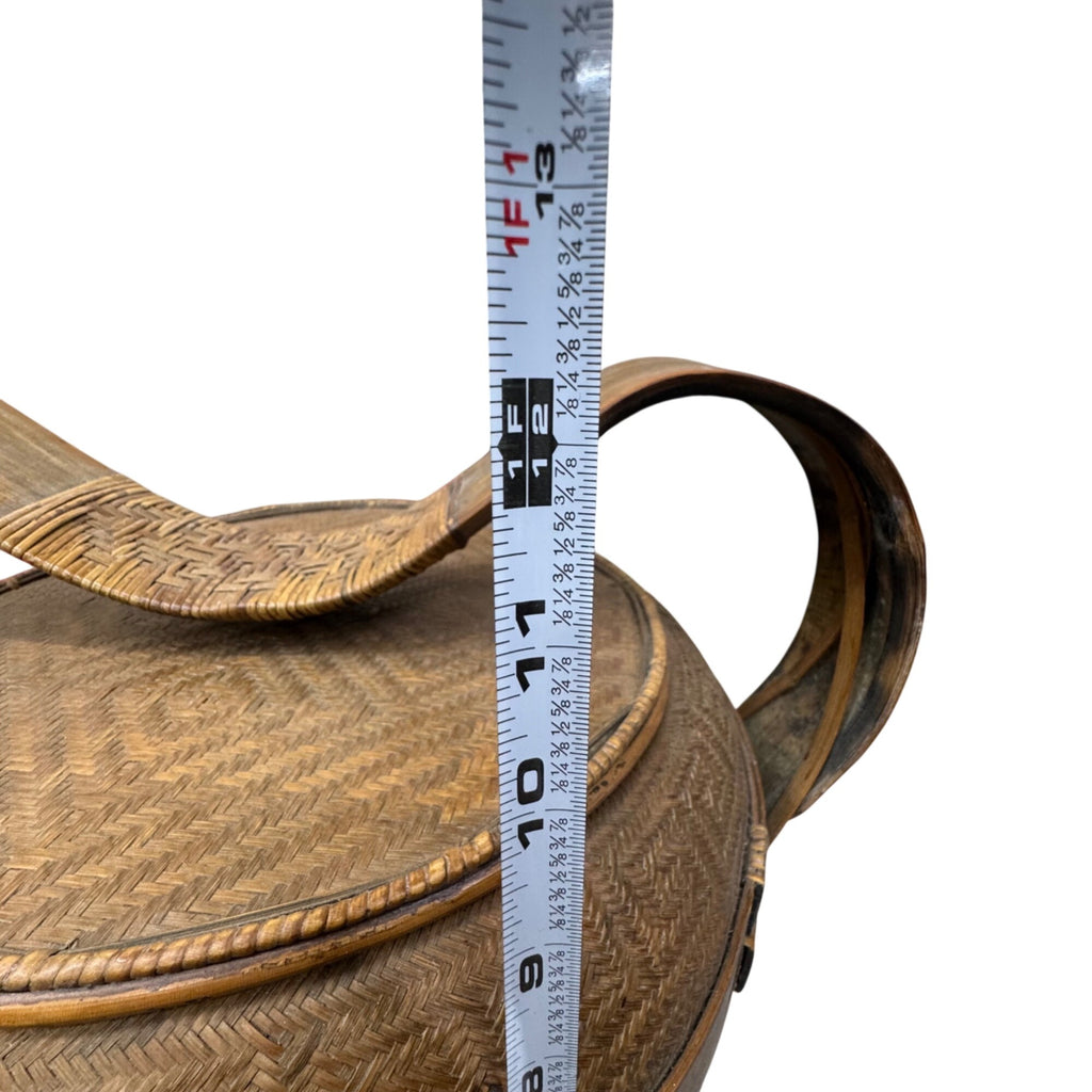 Antique Handwoven Asian Basket Bent Wide Handle Lid Bamboo Wood Wedding Food 19"