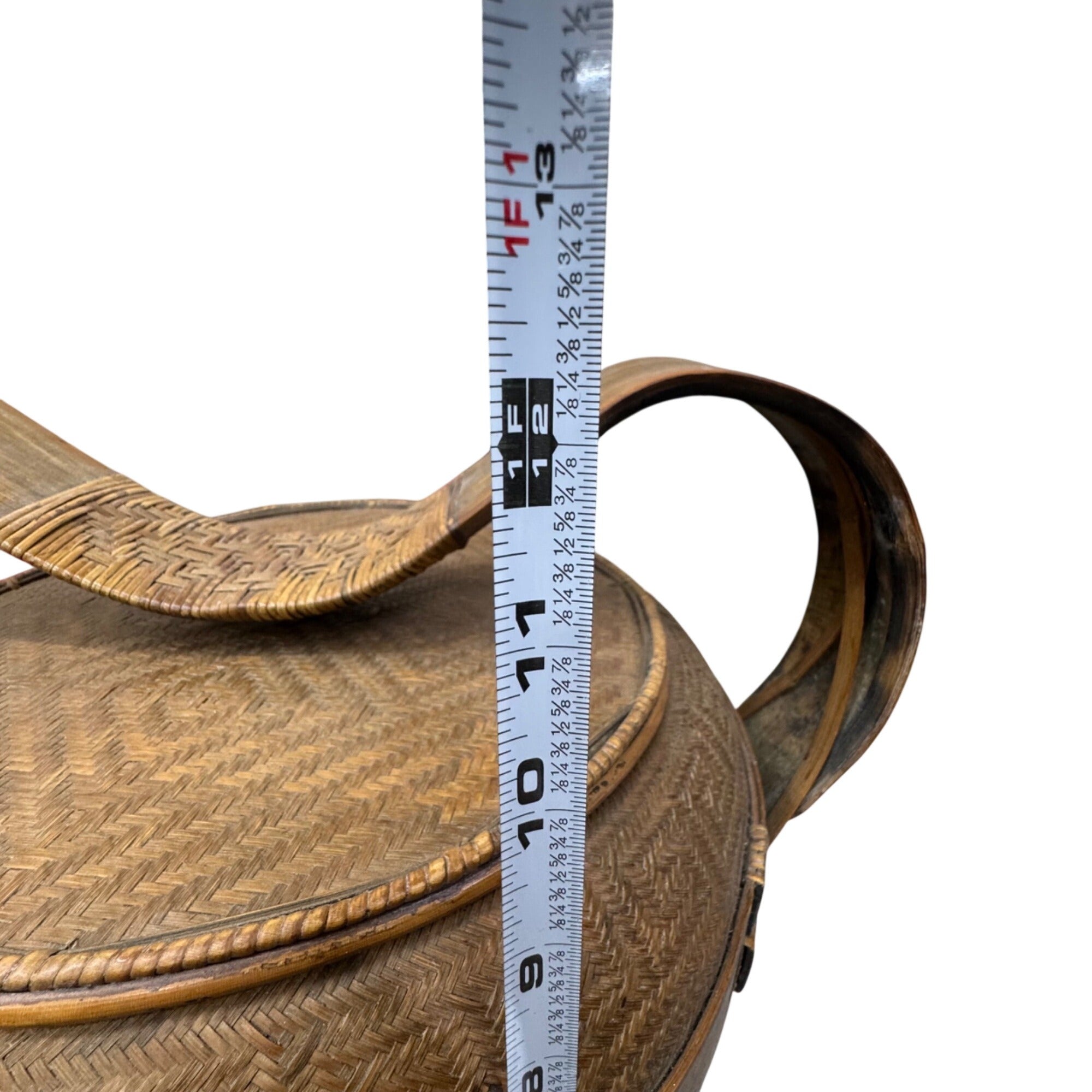 Antique Handwoven Asian Basket Bent Wide Handle Lid Bamboo Wood Wedding Food 19"