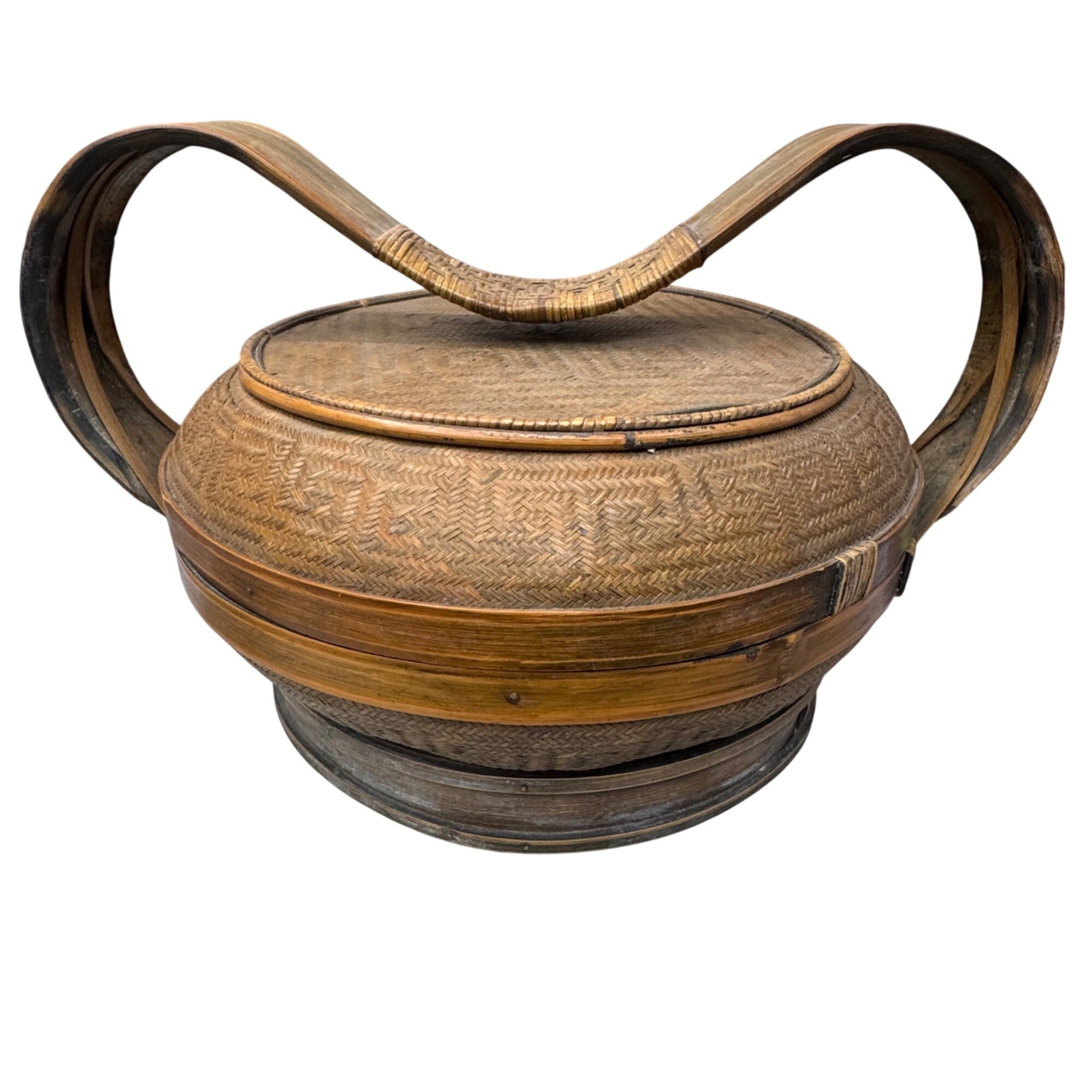 Antique Handwoven Asian Basket Bent Wide Handle Lid Bamboo Wood Wedding Food 19"