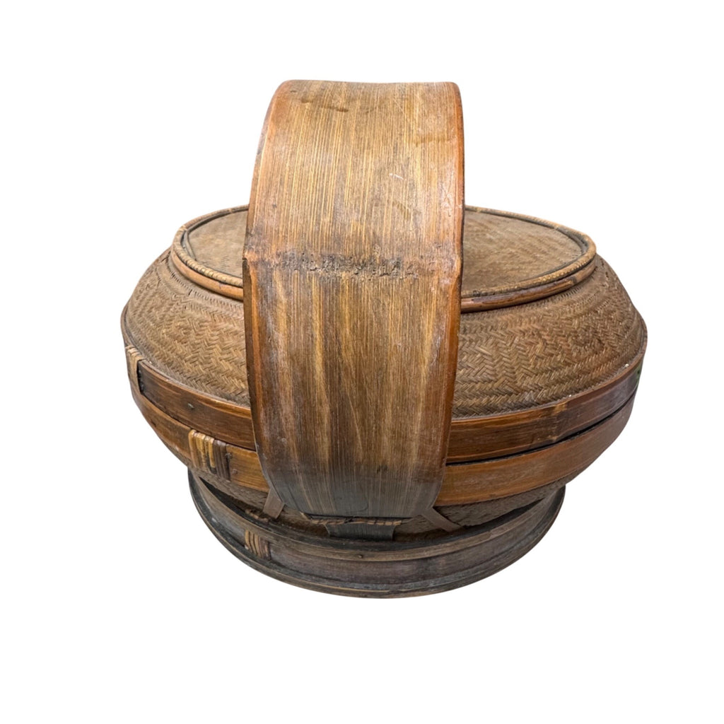 Antique Handwoven Asian Basket Bent Wide Handle Lid Bamboo Wood Wedding Food 19"