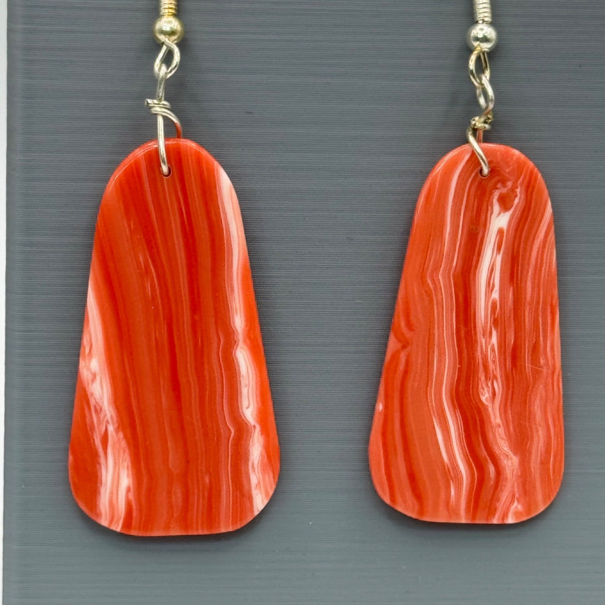Vtg Sponge Coral Slab Red Orange Swirled Dangle Earrings Handmade 1.5" Southwest