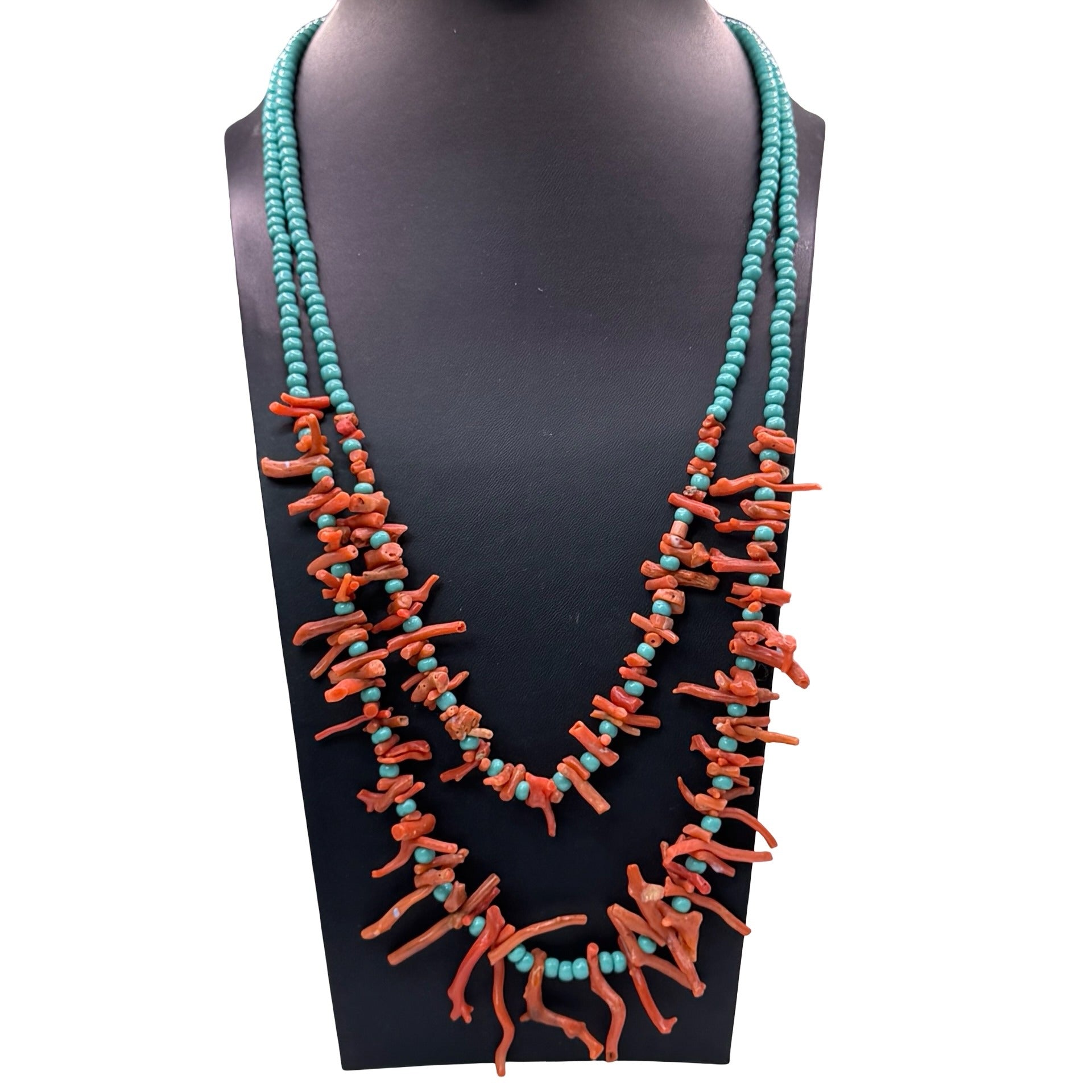 Vintage Double Strand Coral Branch Turquoise Beaded Necklace Gold-Tone Clasp 23"
