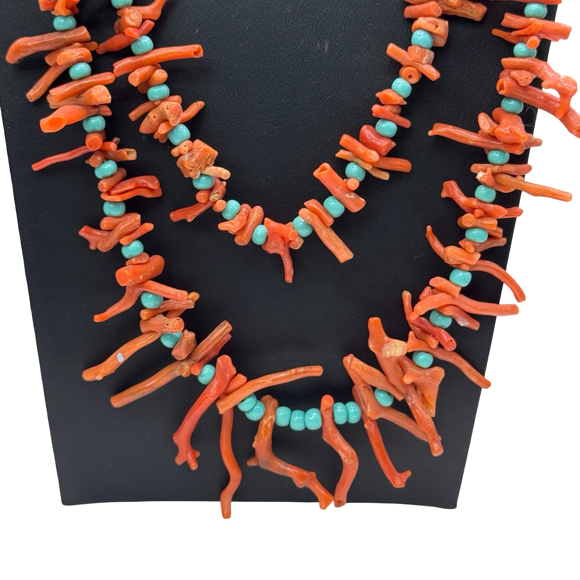 Vintage Double Strand Coral Branch Turquoise Beaded Necklace Gold-Tone Clasp 23"