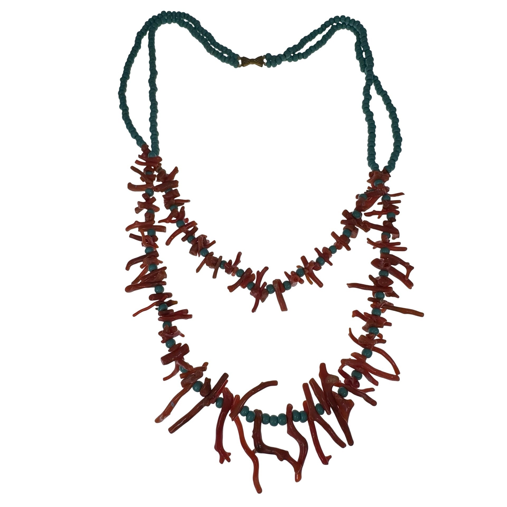 Vintage Double Strand Coral Branch Turquoise Beaded Necklace Gold-Tone Clasp 23"