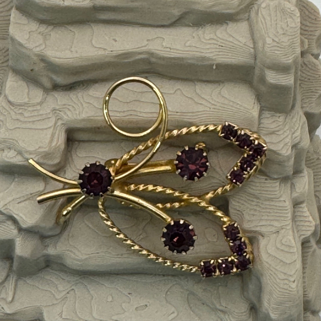 Butterfly Glass Rhinestone Gold-Filled Brooch Purple Floral Design Vintage