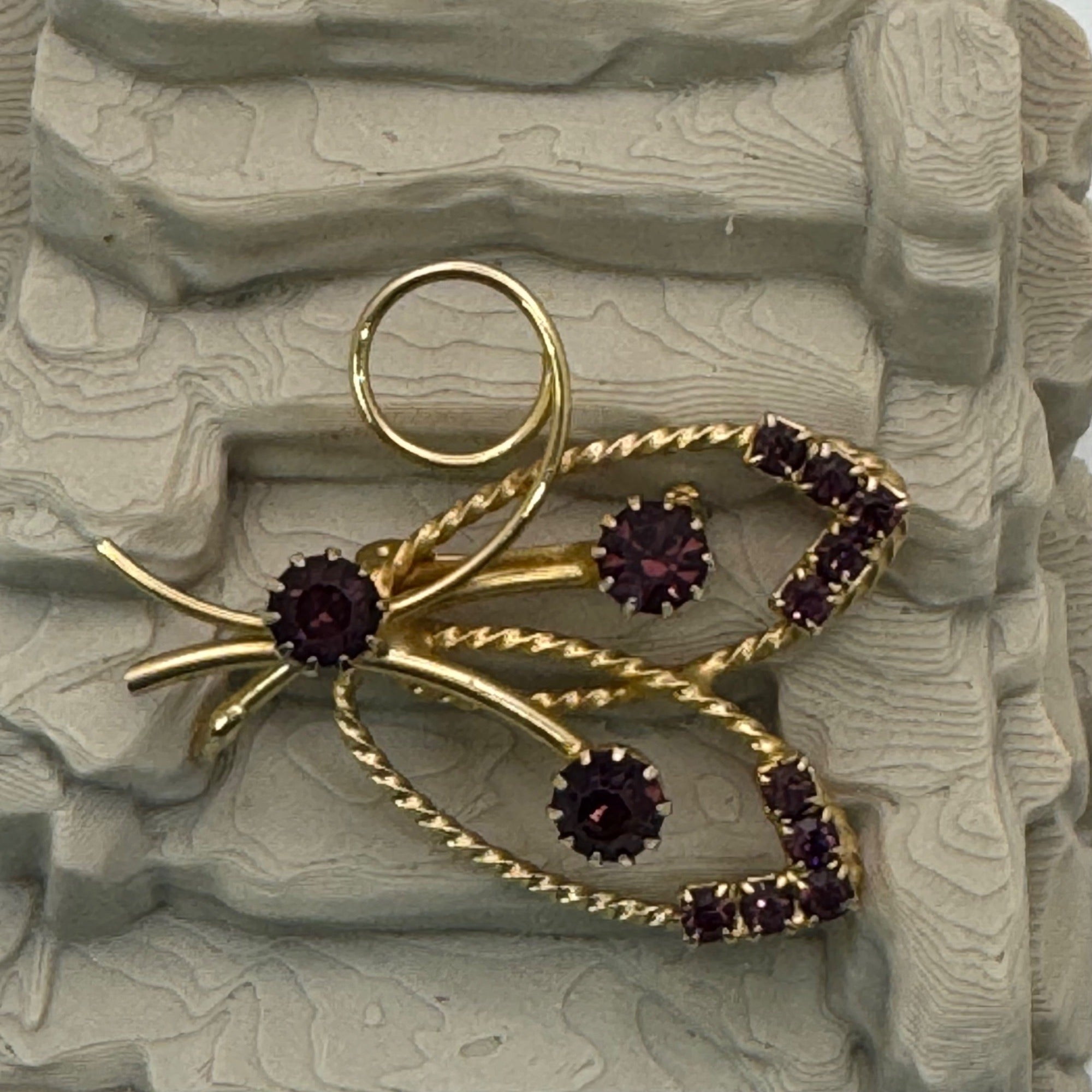 Butterfly Glass Rhinestone Gold-Filled Brooch Purple Floral Design Vintage