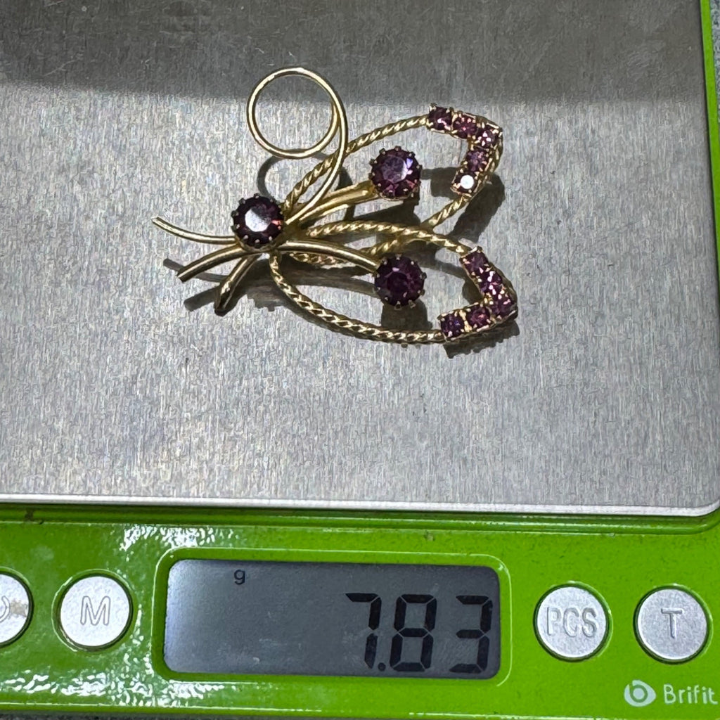 Butterfly Glass Rhinestone Gold-Filled Brooch Purple Floral Design Vintage