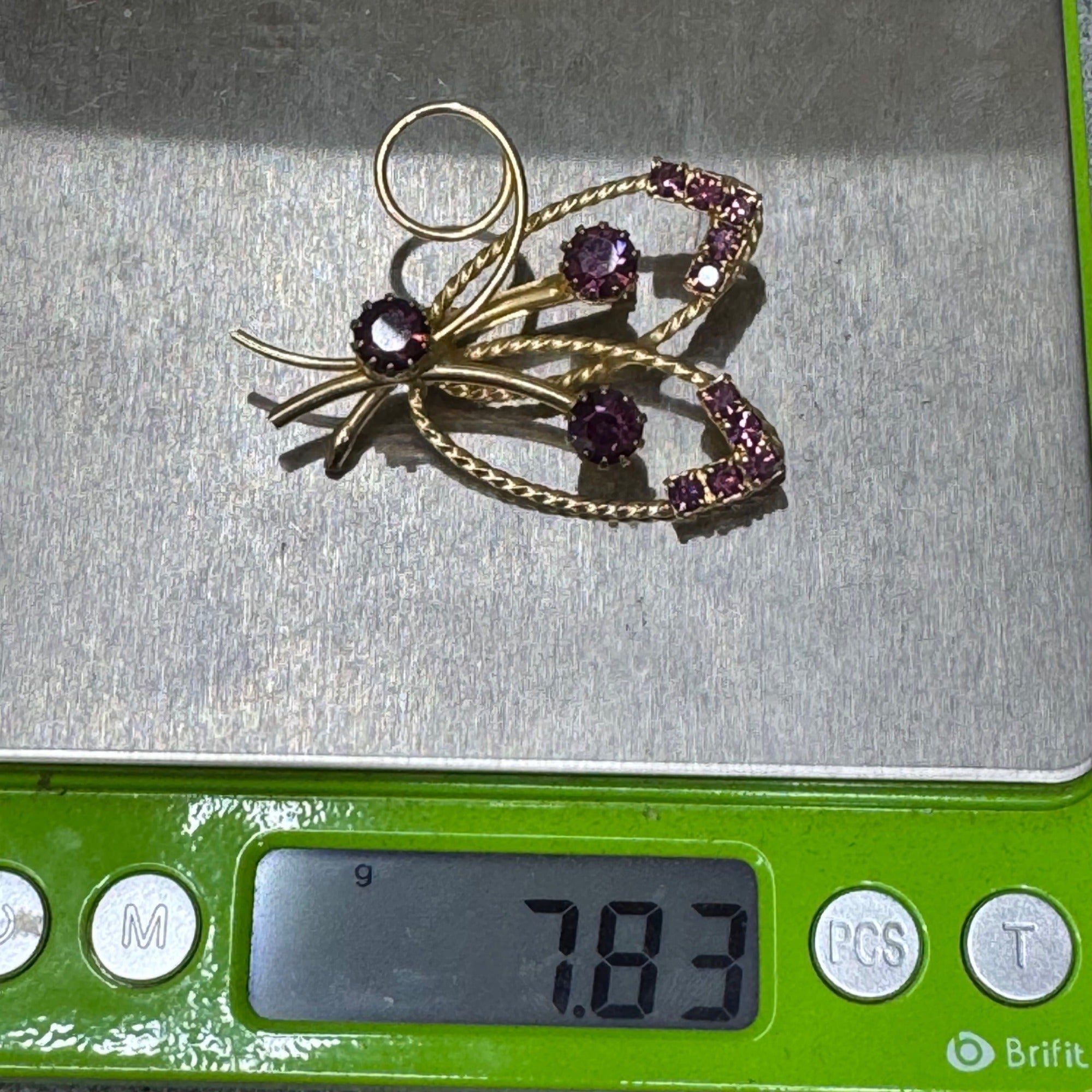 Butterfly Glass Rhinestone Gold-Filled Brooch Purple Floral Design Vintage