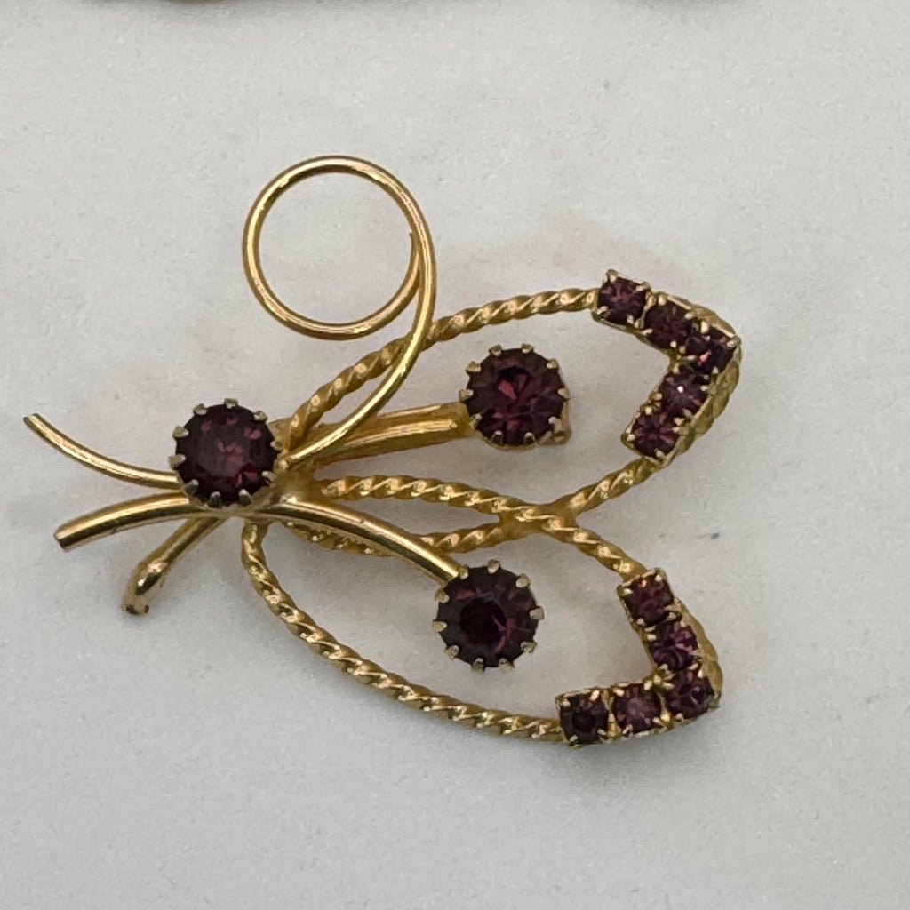 Butterfly Glass Rhinestone Gold-Filled Brooch Purple Floral Design Vintage