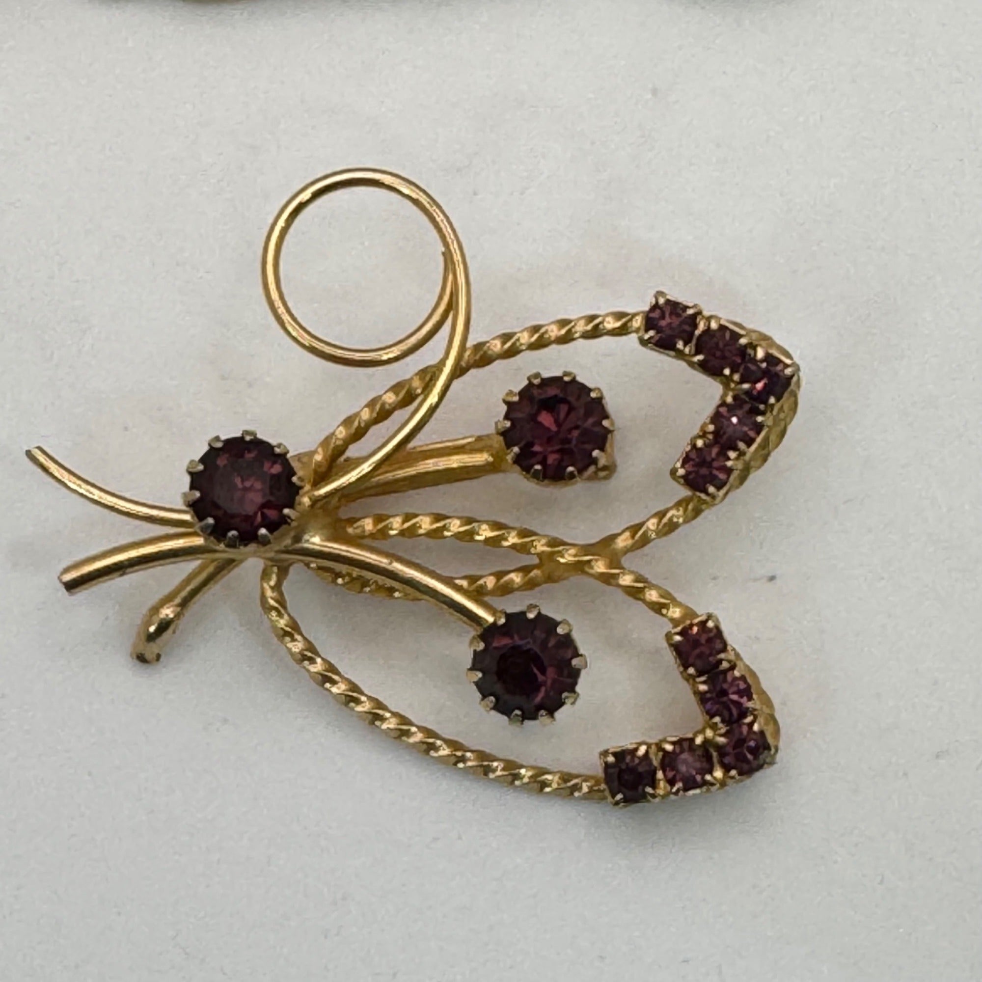 Butterfly Glass Rhinestone Gold-Filled Brooch Purple Floral Design Vintage