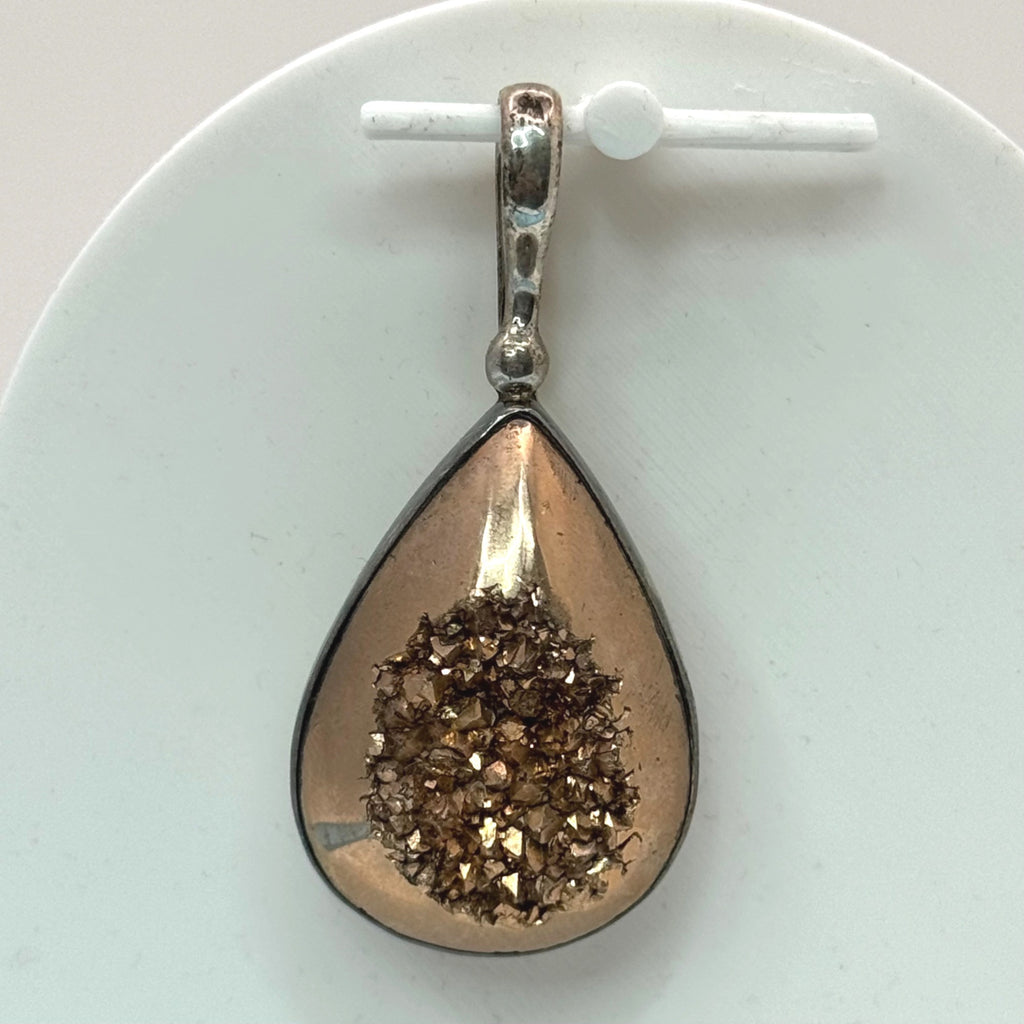 Sterling Gold Druzy Silver Teardrop Pendant Gemstone Inlay 925 Stamped 2"