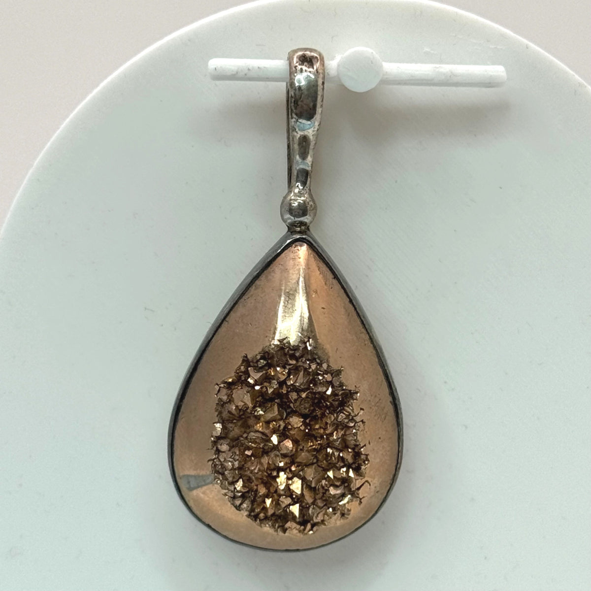 Sterling Gold Druzy Silver Teardrop Pendant Gemstone Inlay 925 Stamped 2"