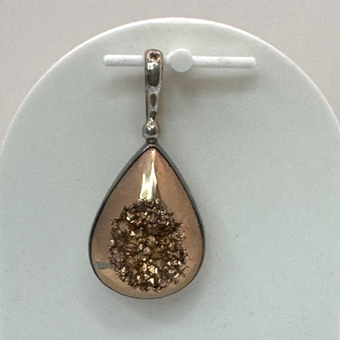 Sterling Gold Druzy Silver Teardrop Pendant Gemstone Inlay 925 Stamped 2"