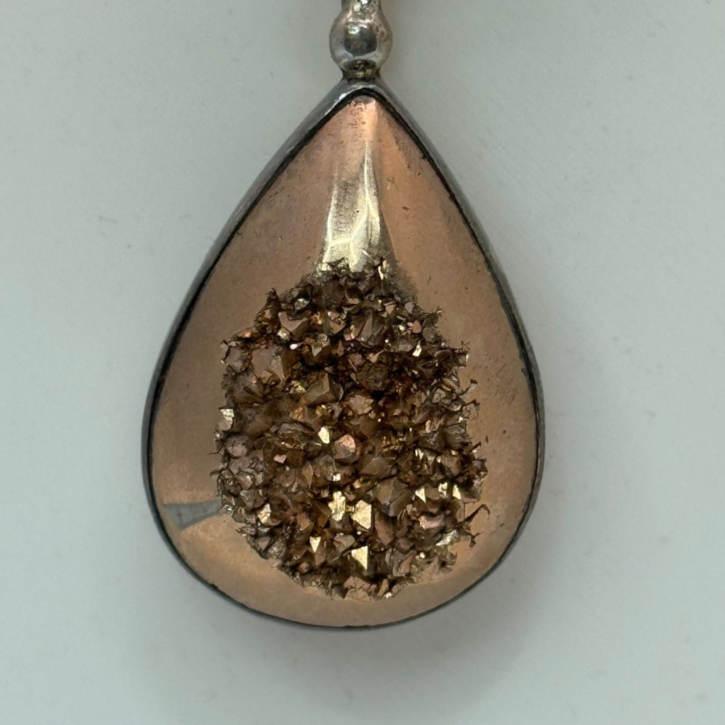 Sterling Gold Druzy Silver Teardrop Pendant Gemstone Inlay 925 Stamped 2"