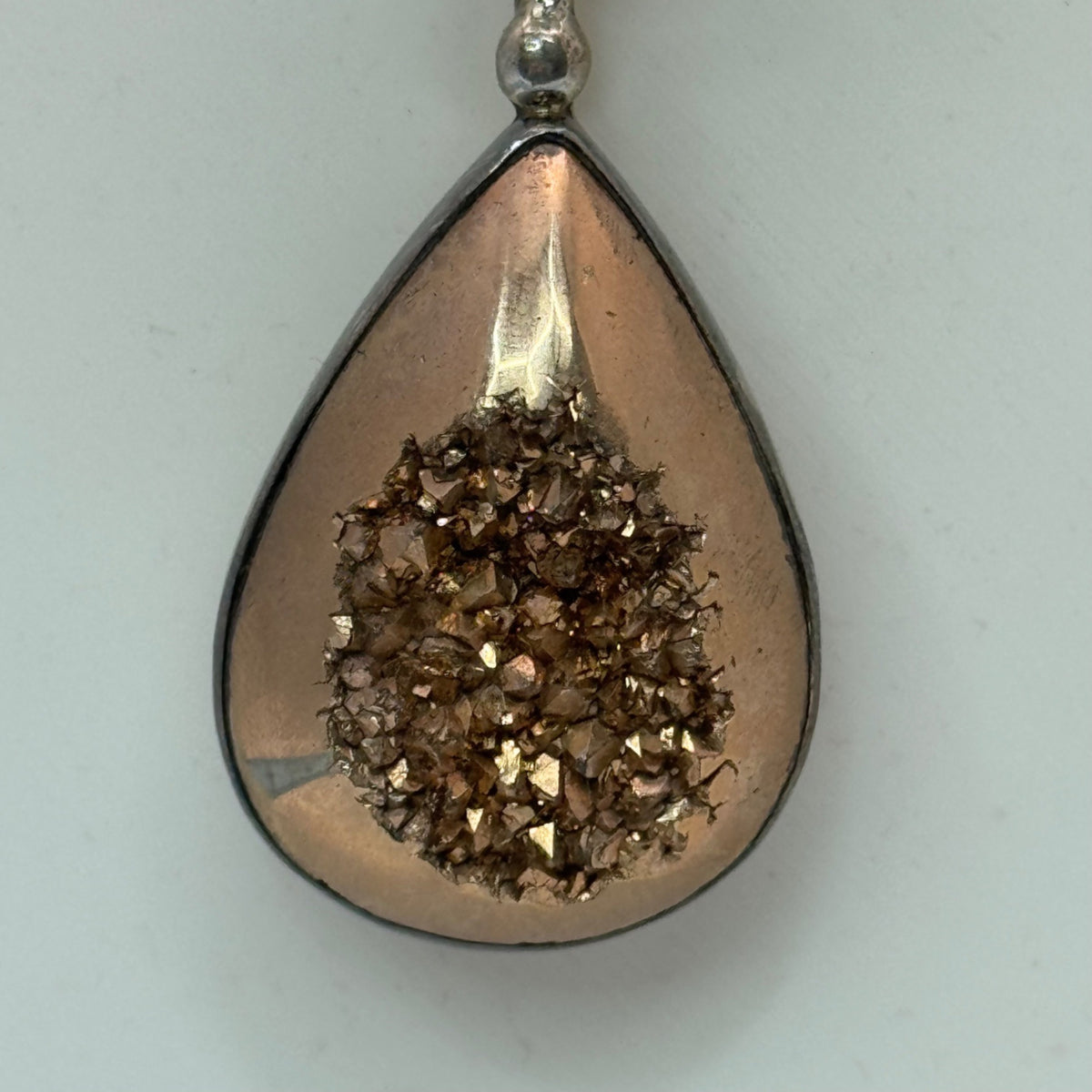 Sterling Gold Druzy Silver Teardrop Pendant Gemstone Inlay 925 Stamped 2"