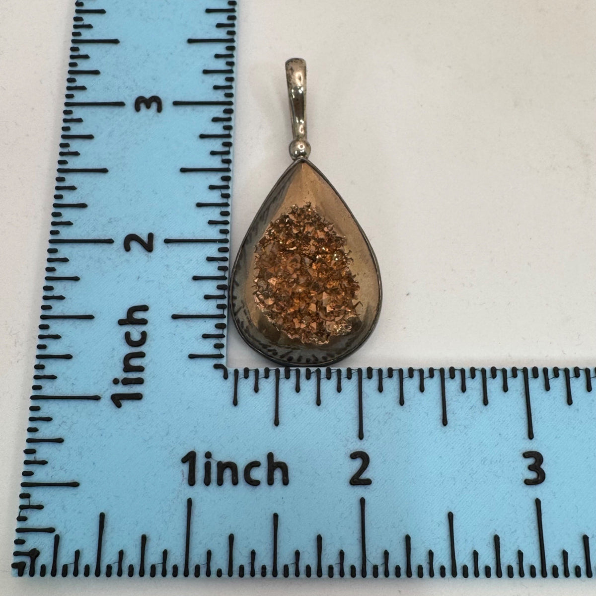 Sterling Gold Druzy Silver Teardrop Pendant Gemstone Inlay 925 Stamped 2"