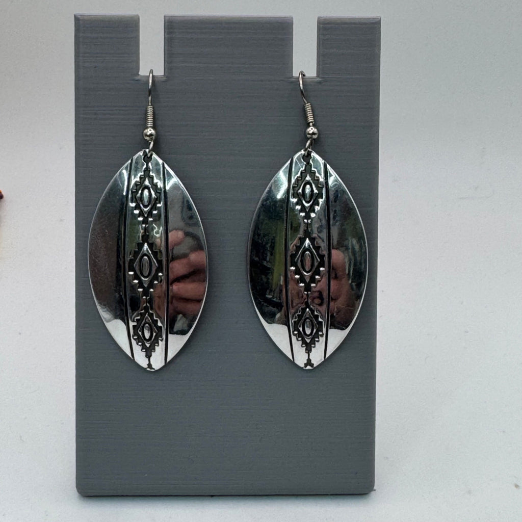 Large Stering Silver Oval Drop Earrings Engraved Tribal Patterns Vintage Estate