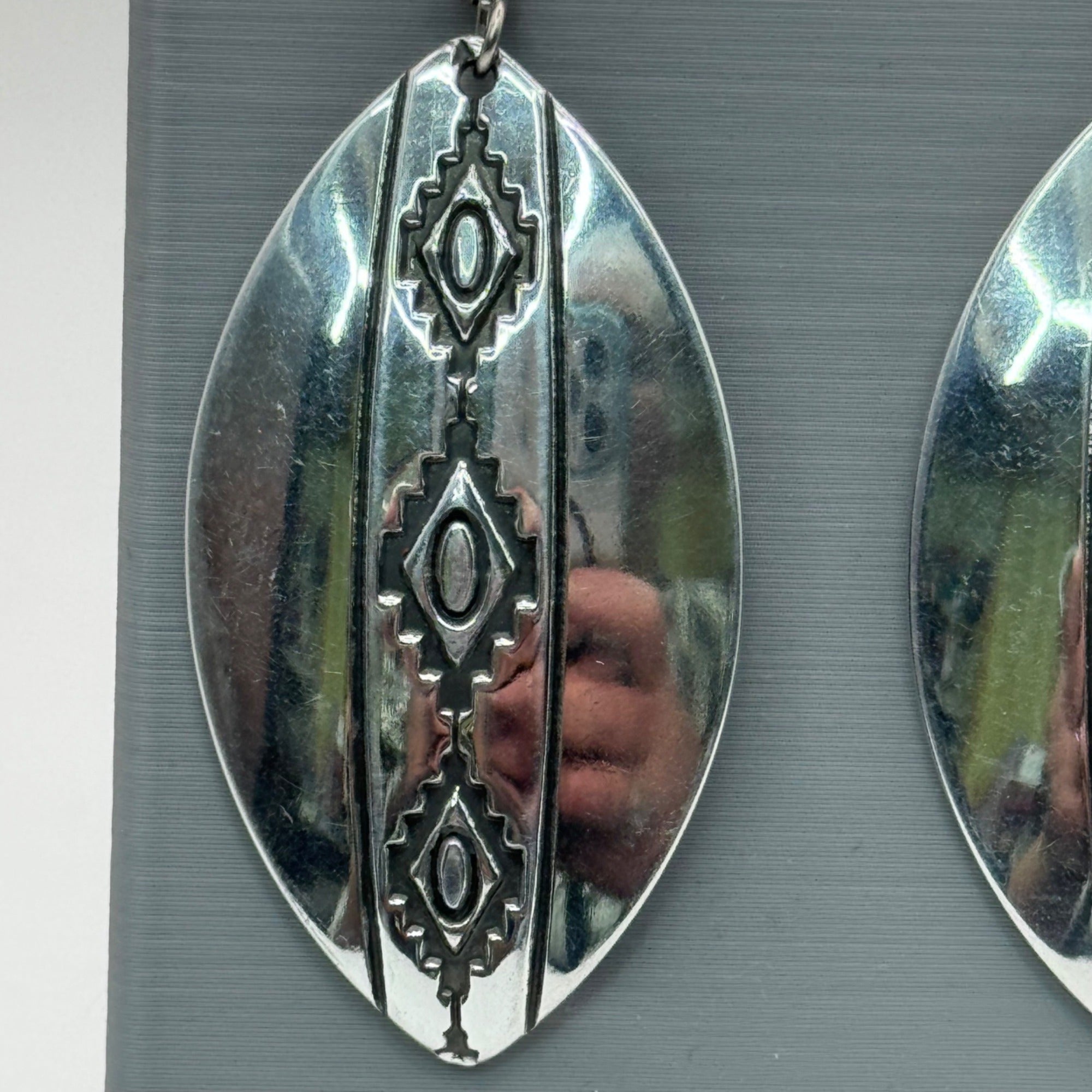 Large Stering Silver Oval Drop Earrings Engraved Tribal Patterns Vintage Estate