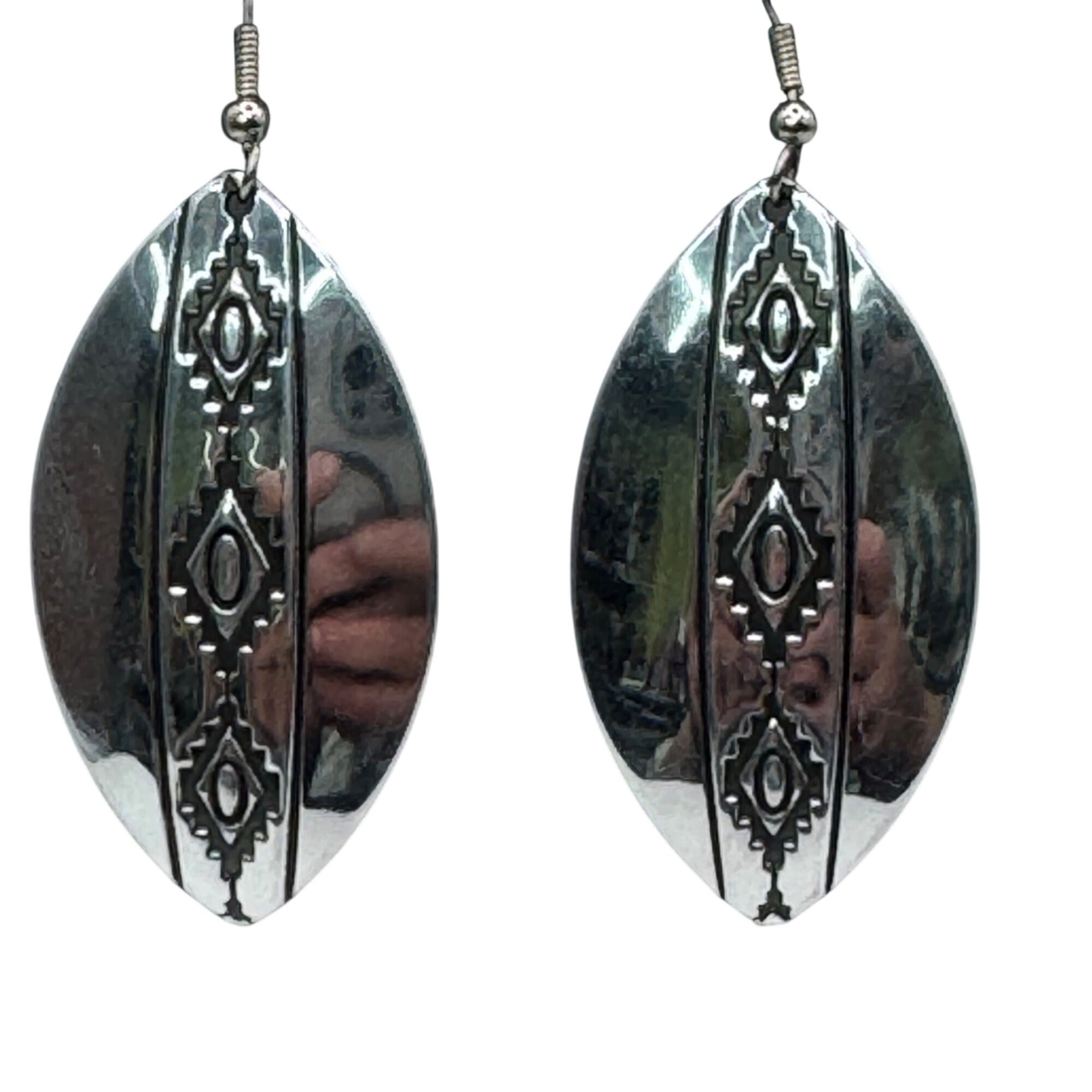 Large Stering Silver Oval Drop Earrings Engraved Tribal Patterns Vintage Estate