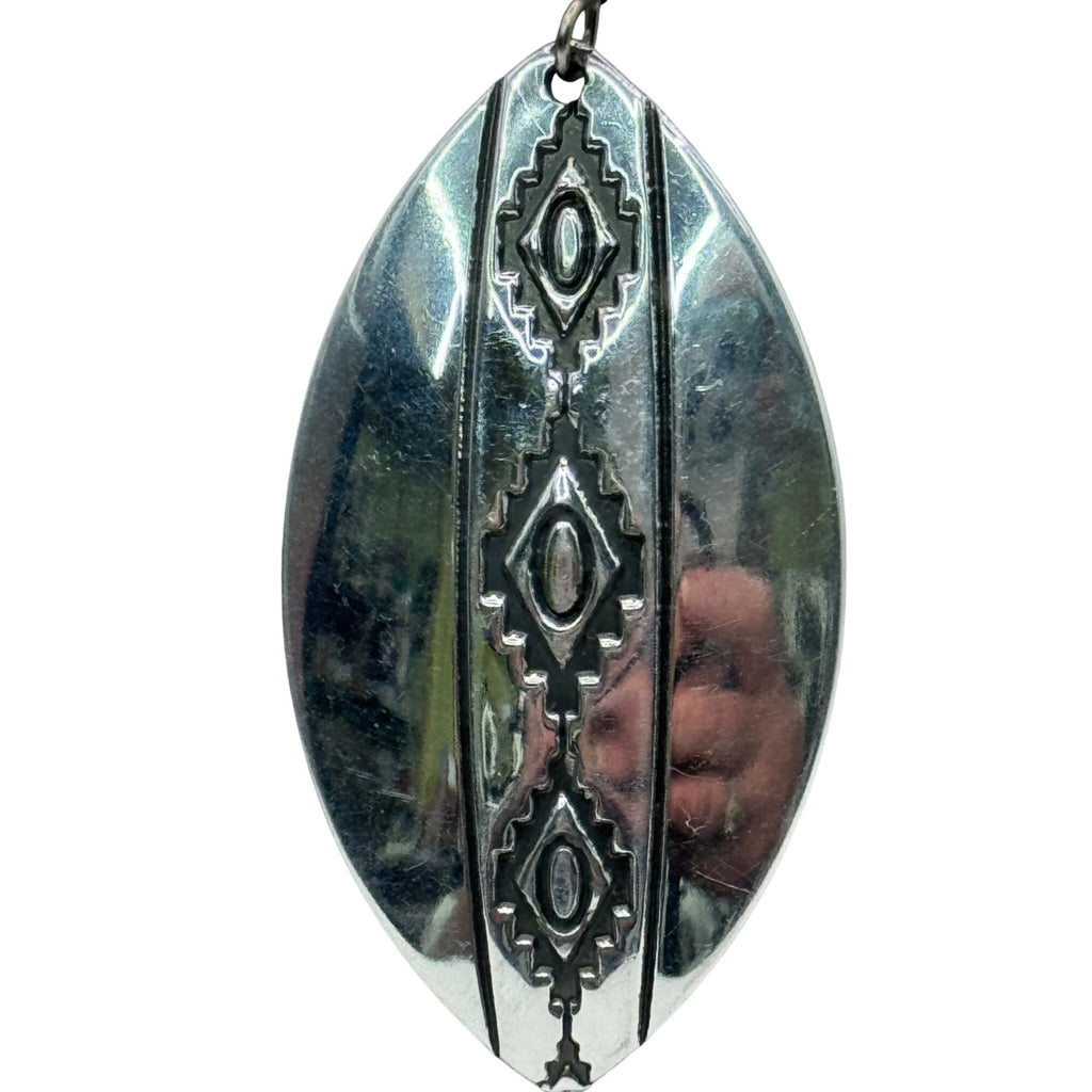 Large Stering Silver Oval Drop Earrings Engraved Tribal Patterns Vintage Estate