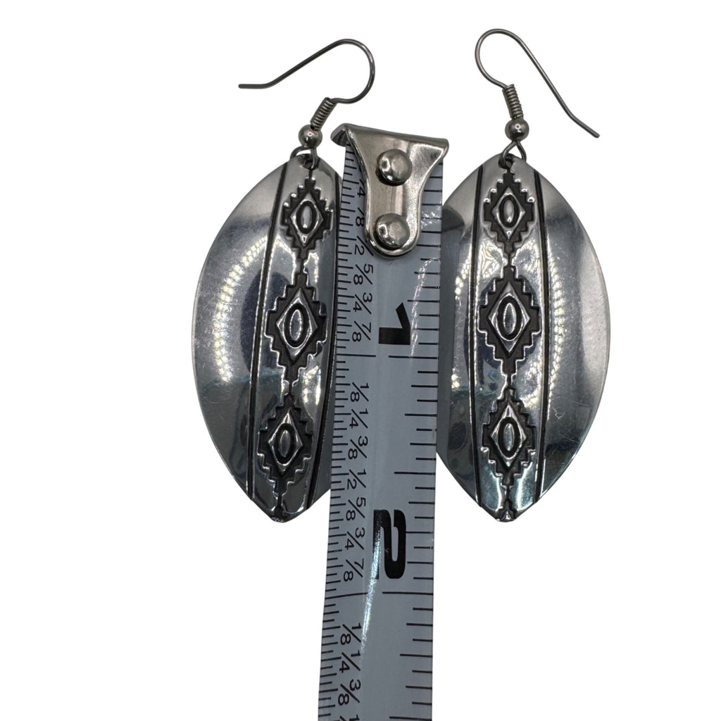 Large Stering Silver Oval Drop Earrings Engraved Tribal Patterns Vintage Estate