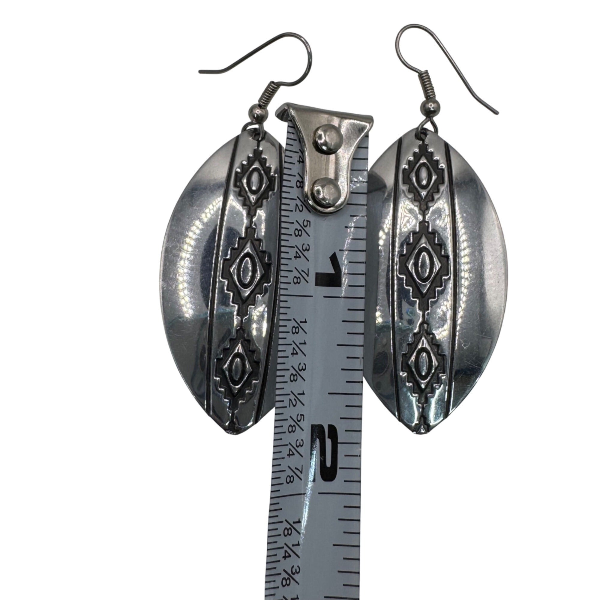 Large Stering Silver Oval Drop Earrings Engraved Tribal Patterns Vintage Estate