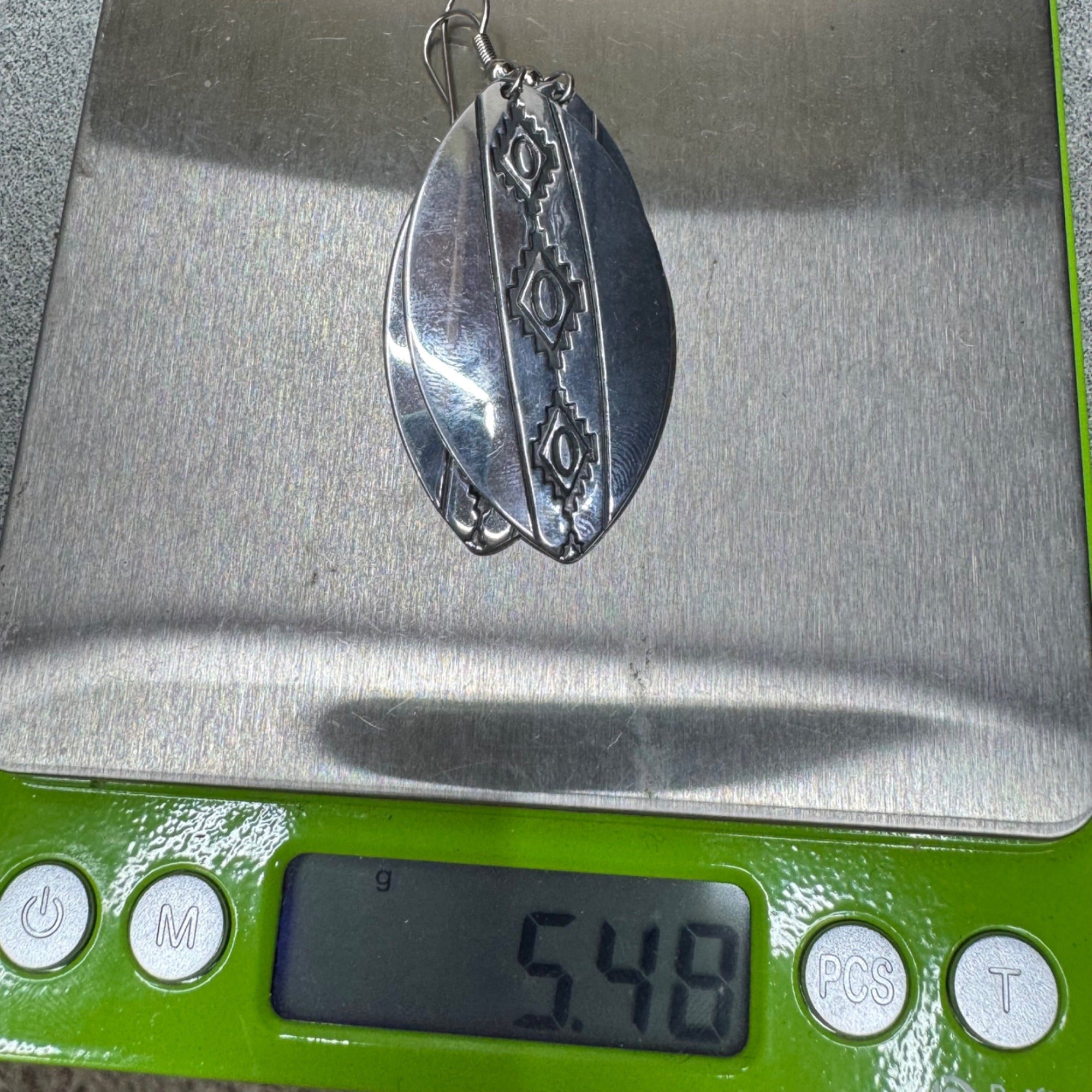 Large Stering Silver Oval Drop Earrings Engraved Tribal Patterns Vintage Estate