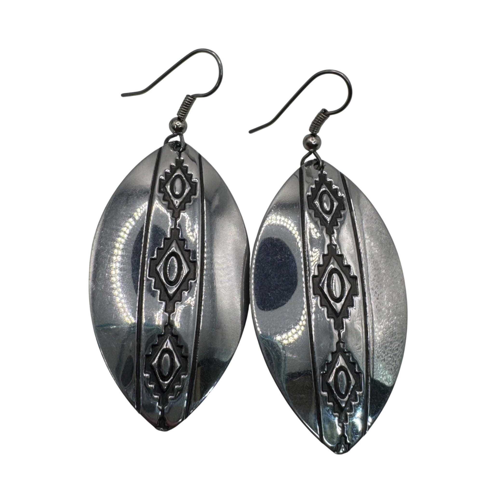 Large Stering Silver Oval Drop Earrings Engraved Tribal Patterns Vintage Estate
