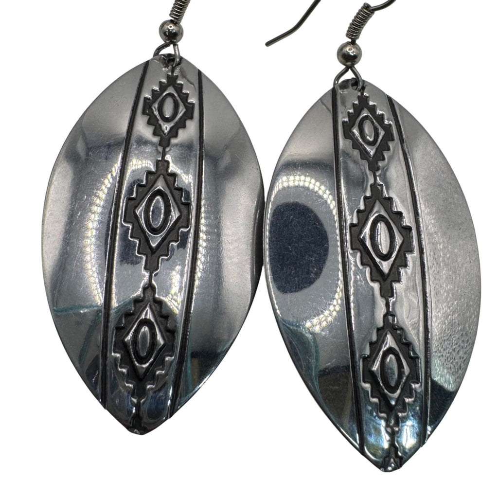 Large Stering Silver Oval Drop Earrings Engraved Tribal Patterns Vintage Estate