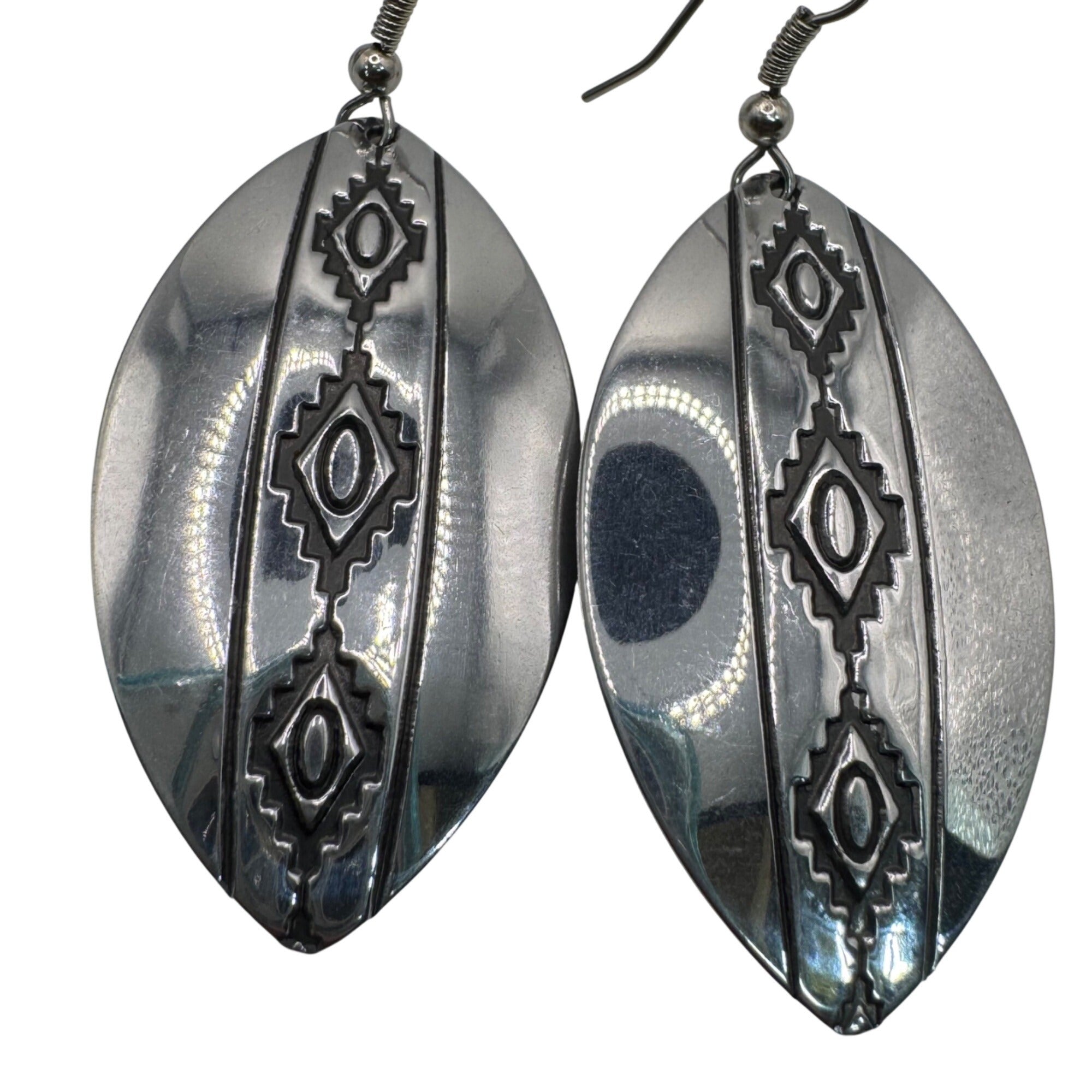 Large Stering Silver Oval Drop Earrings Engraved Tribal Patterns Vintage Estate