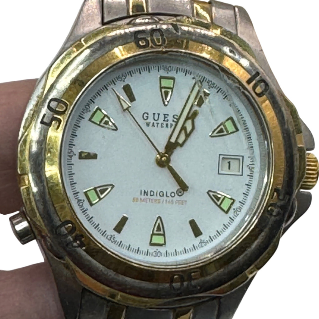 Guess Waterpro Two-Tone Mens Watch Quartz Stainless Steel White Dial Date 50M