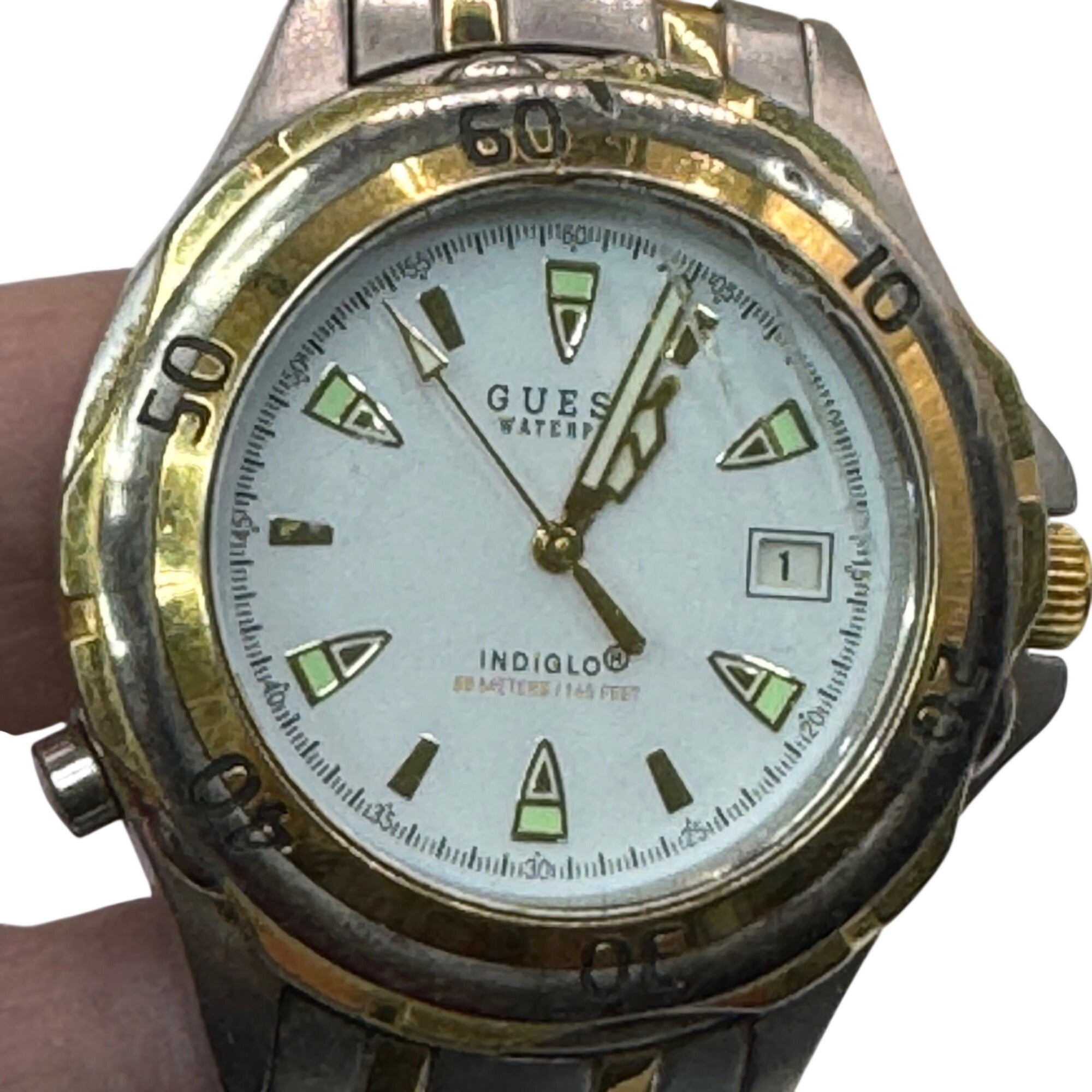 Guess Waterpro Two-Tone Mens Watch Quartz Stainless Steel White Dial Date 50M