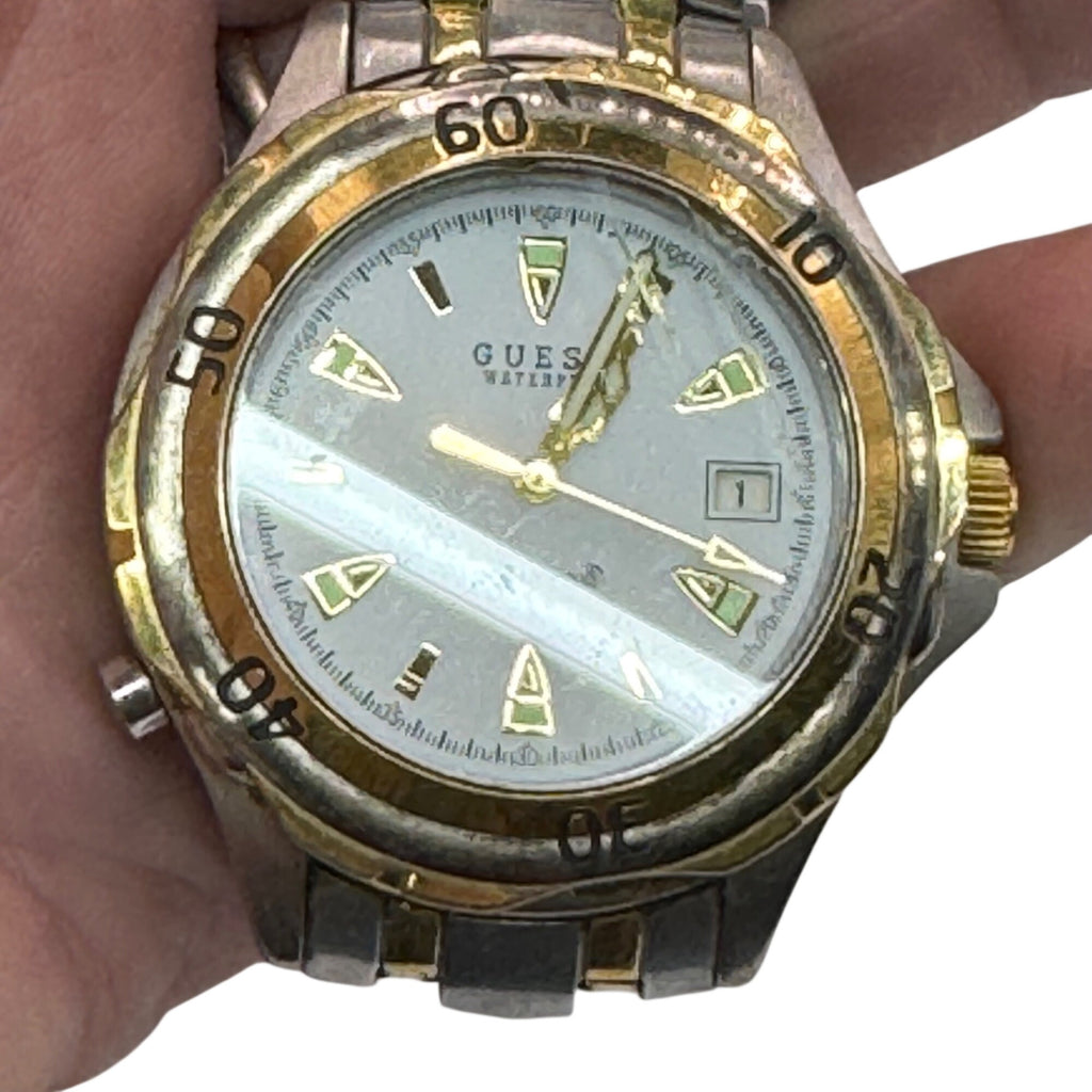 Guess Waterpro Two-Tone Mens Watch Quartz Stainless Steel White Dial Date 50M