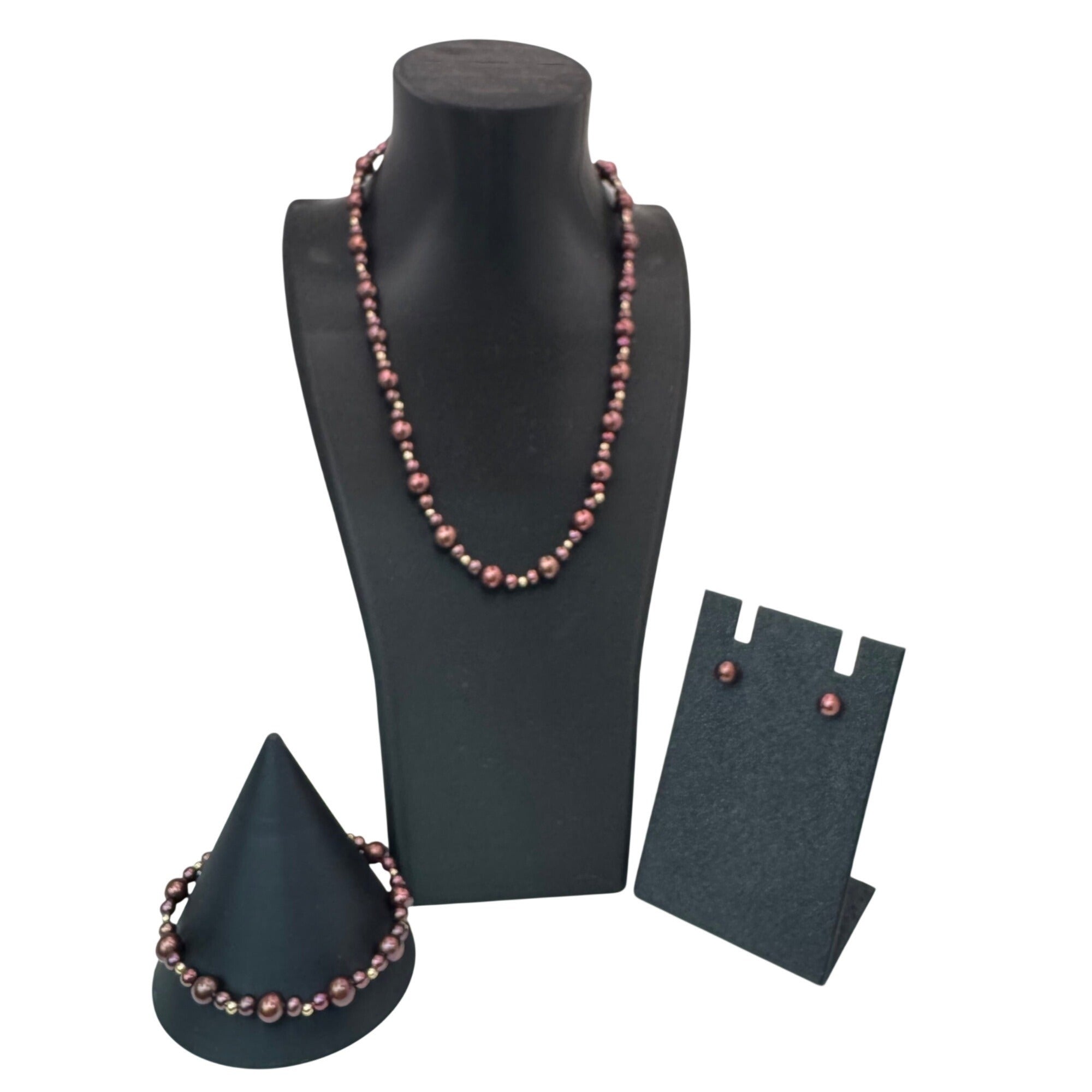 14K Gold Clasp Burgundy Chocolate Pearl Necklace Bracelet & Earrings Jewelry Set