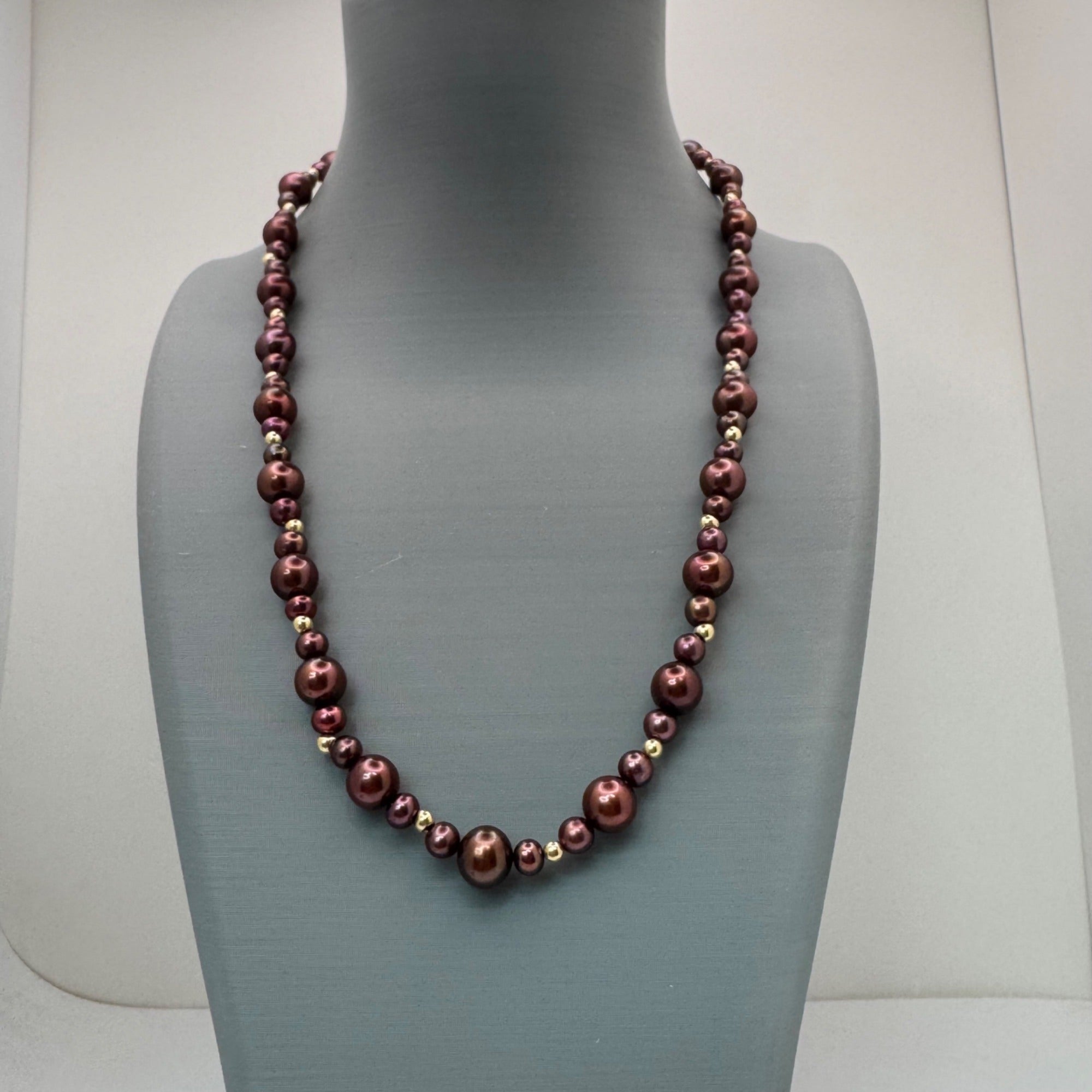 14K Gold Clasp Burgundy Chocolate Pearl Necklace Bracelet & Earrings Jewelry Set