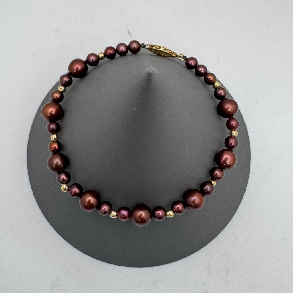 14K Gold Clasp Burgundy Chocolate Pearl Necklace Bracelet & Earrings Jewelry Set
