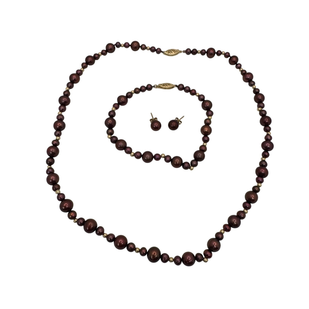 14K Gold Clasp Burgundy Chocolate Pearl Necklace Bracelet & Earrings Jewelry Set