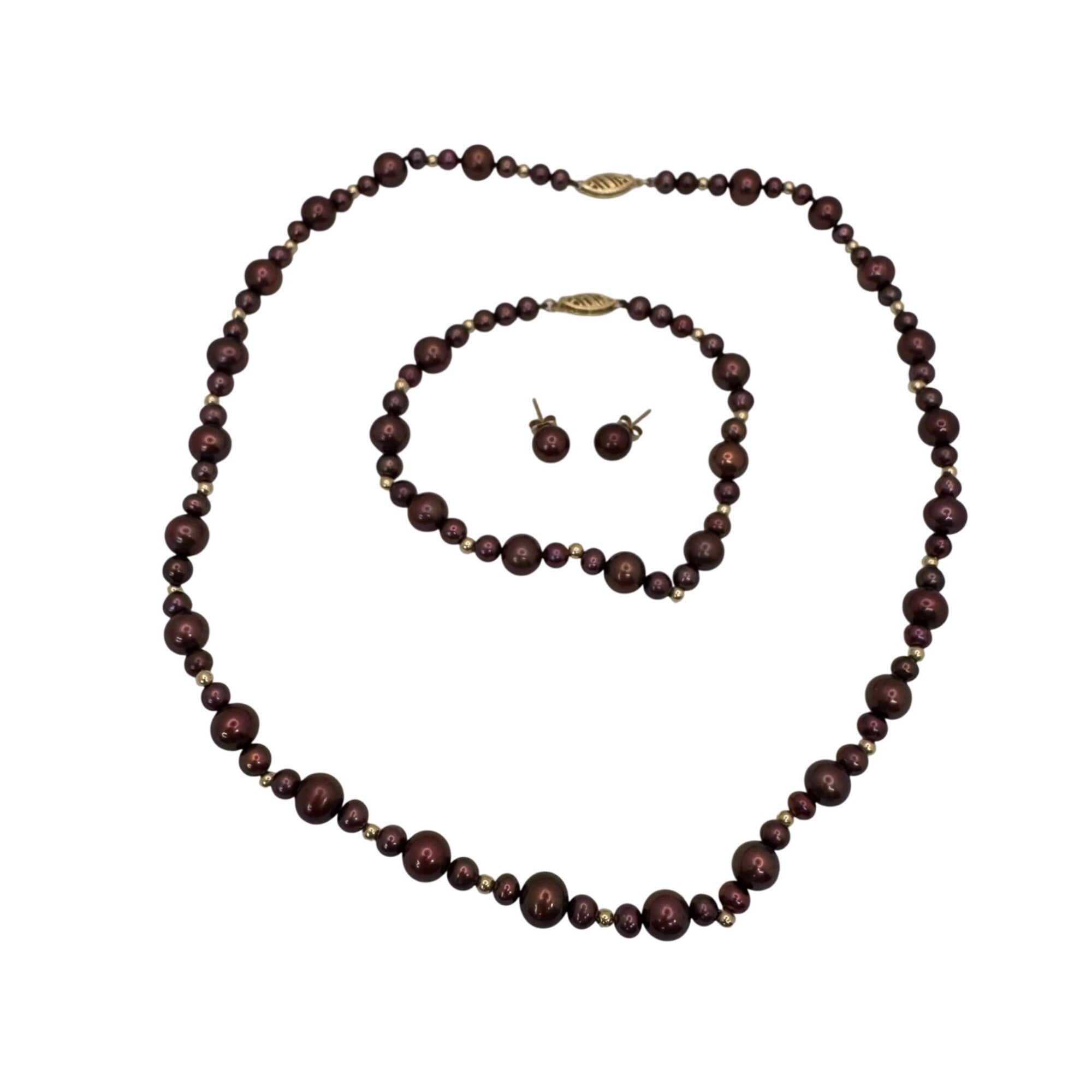 14K Gold Clasp Burgundy Chocolate Pearl Necklace Bracelet & Earrings Jewelry Set