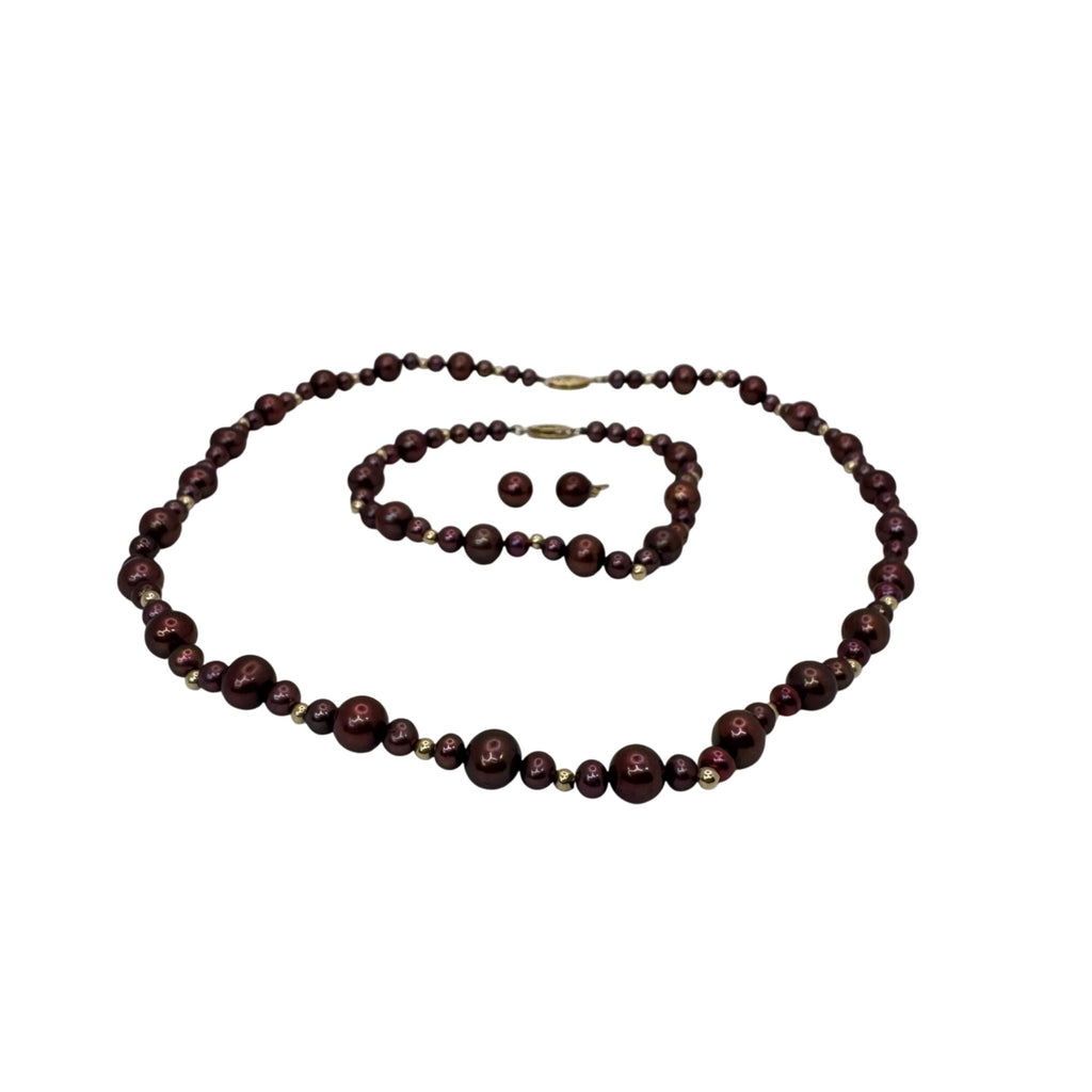 14K Gold Clasp Burgundy Chocolate Pearl Necklace Bracelet & Earrings Jewelry Set